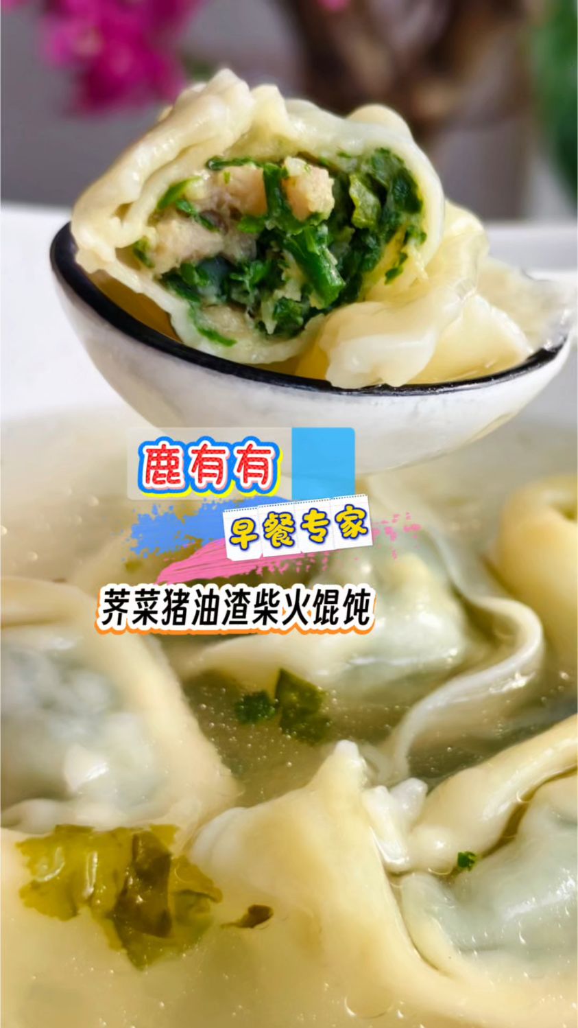 今天用沪语汇报:早饭吃6个荠菜猪肉柴火大馄饨,汤也喝精光!