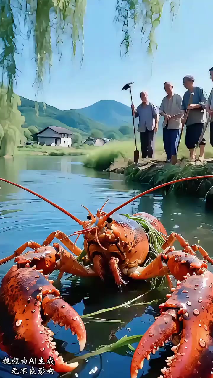 河边众人驾驭巨型龙虾