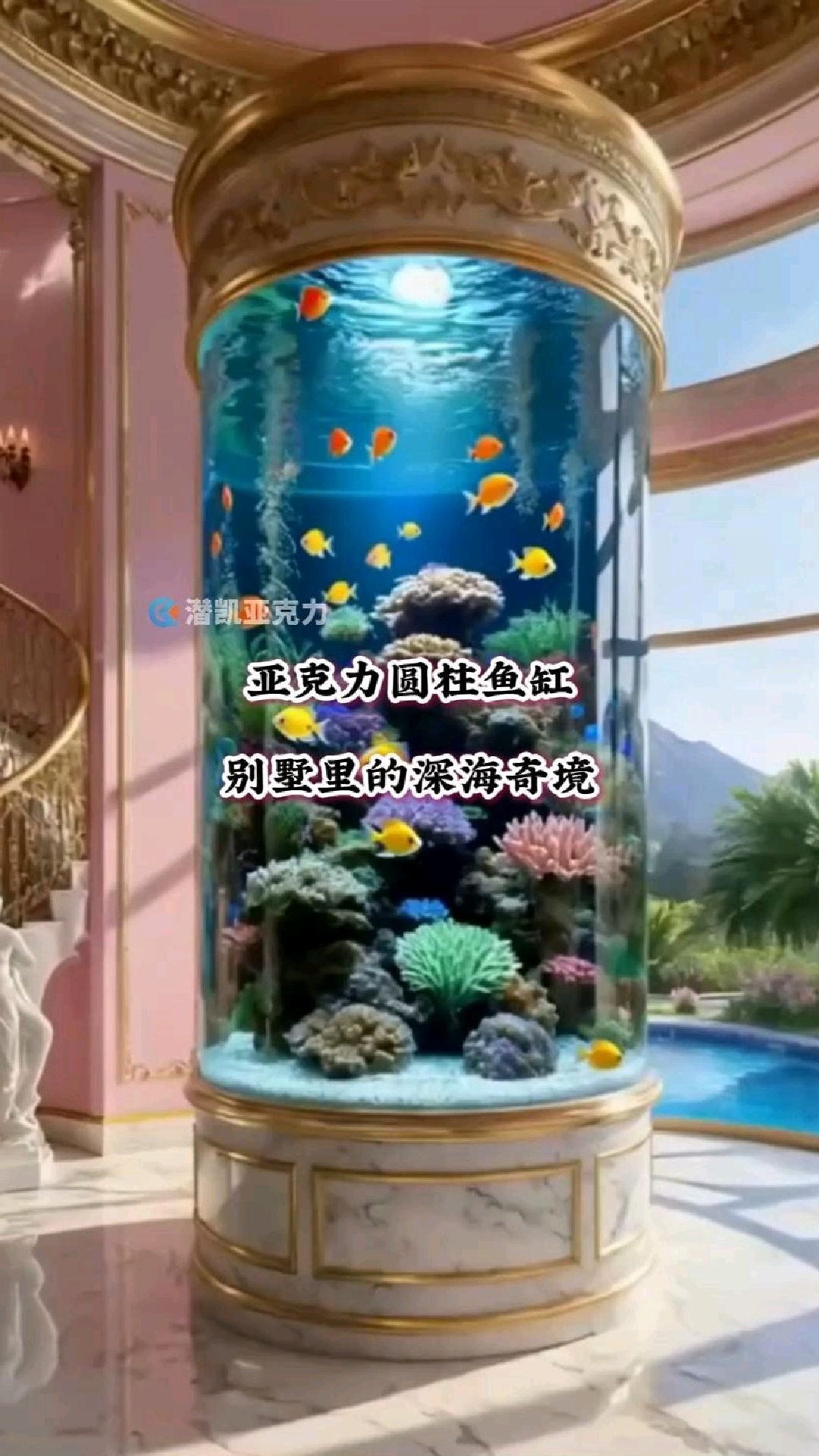 奢华客厅里,巨型圆柱水族箱如梦幻海洋秘境与粉色宫廷风装潢碰撞