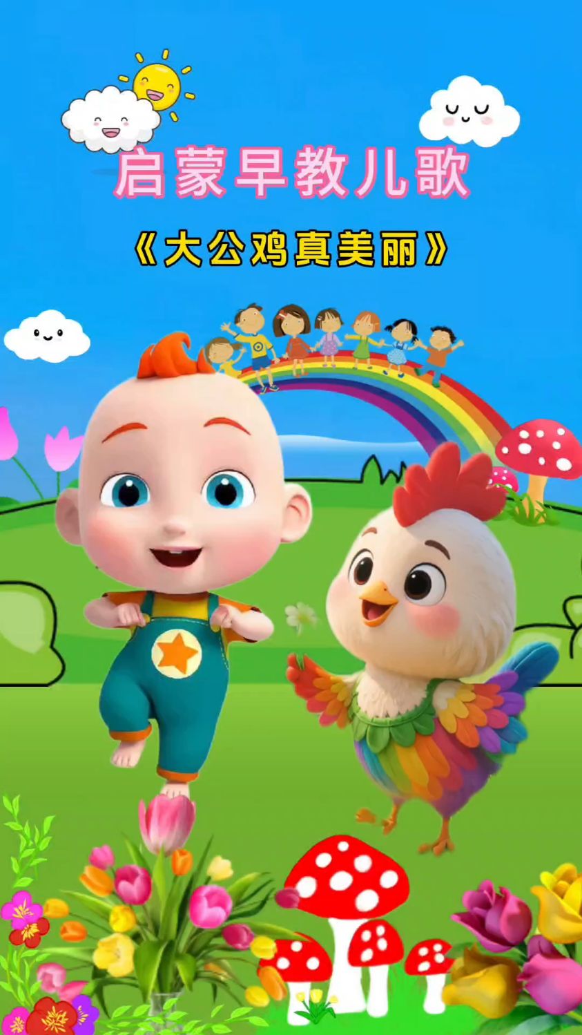 大公鸡真美丽，红红的鸡冠花衣