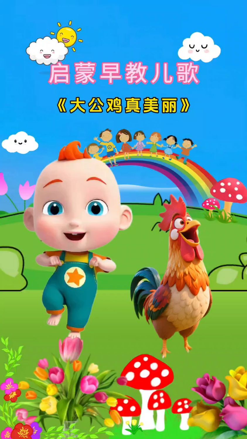 大公鸡真美丽，红红的鸡冠花花衣