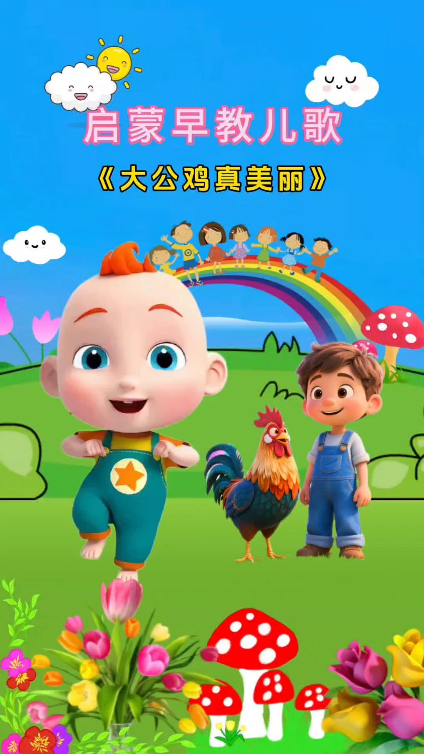 大公鸡真美丽，红红的鸡冠花衣