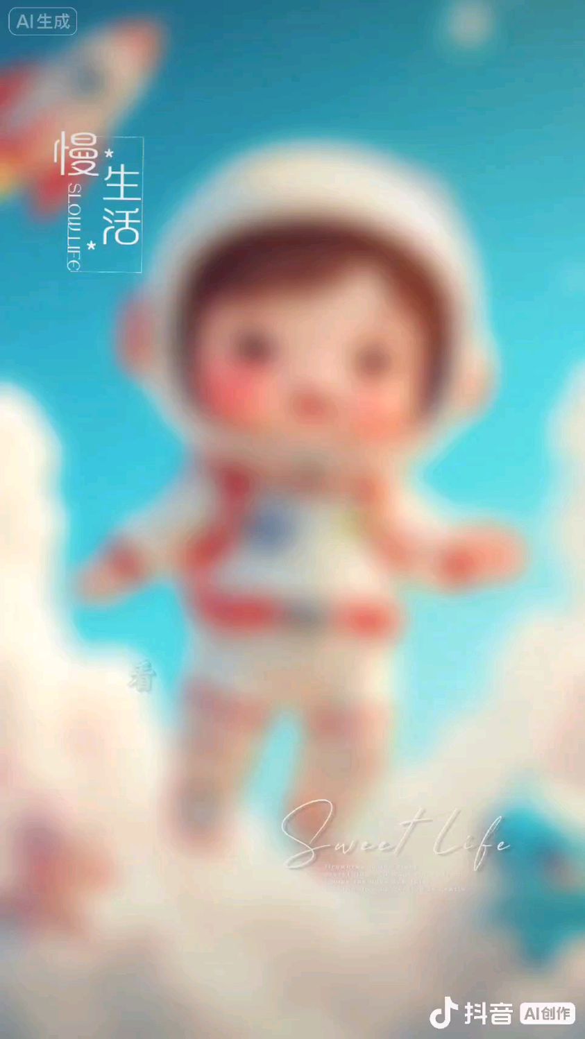 一个可爱的卡通太空人物,穿着太空服漂浮在云层中,