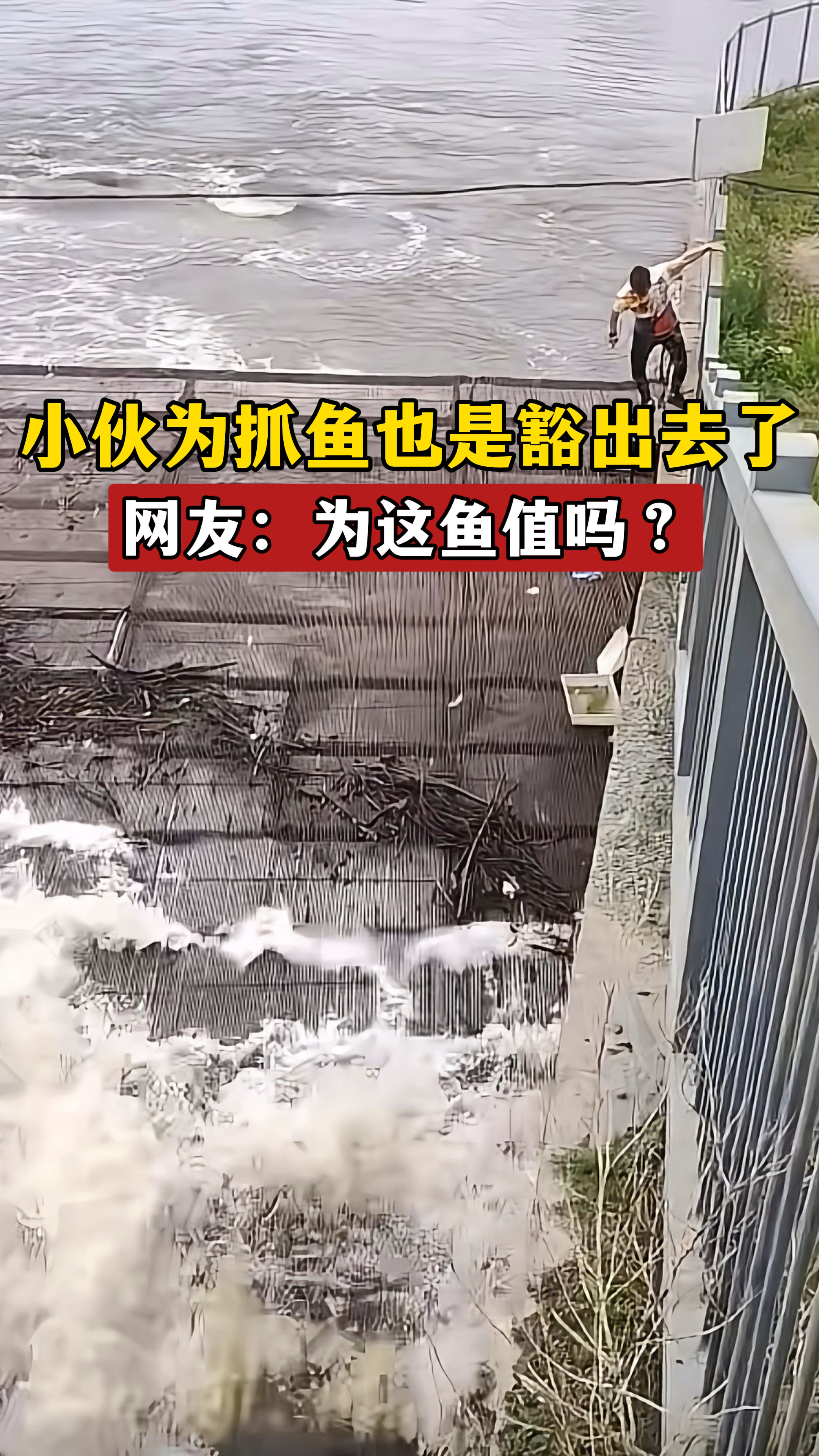 小伙为抓鱼也是豁出去了,看得人心惊胆战!网友:为这鱼值吗?