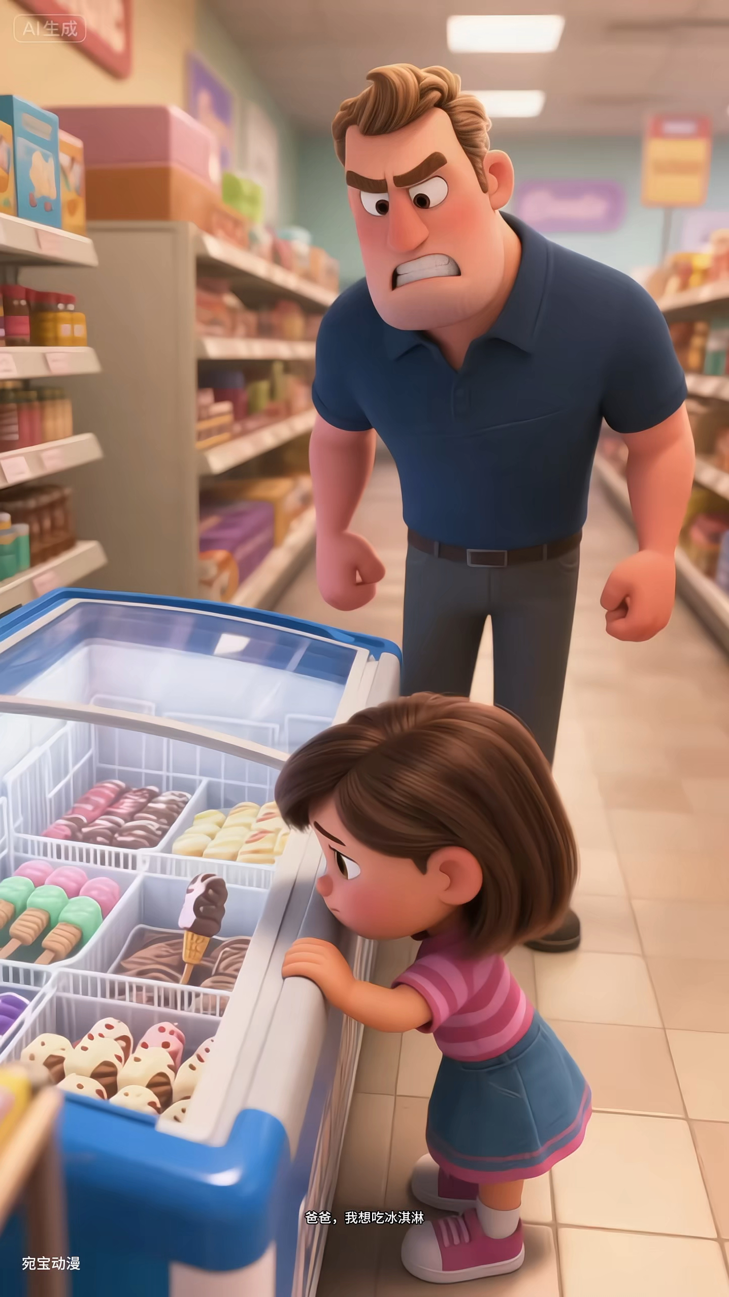 小女孩贪吃冰激凌钻进冰柜