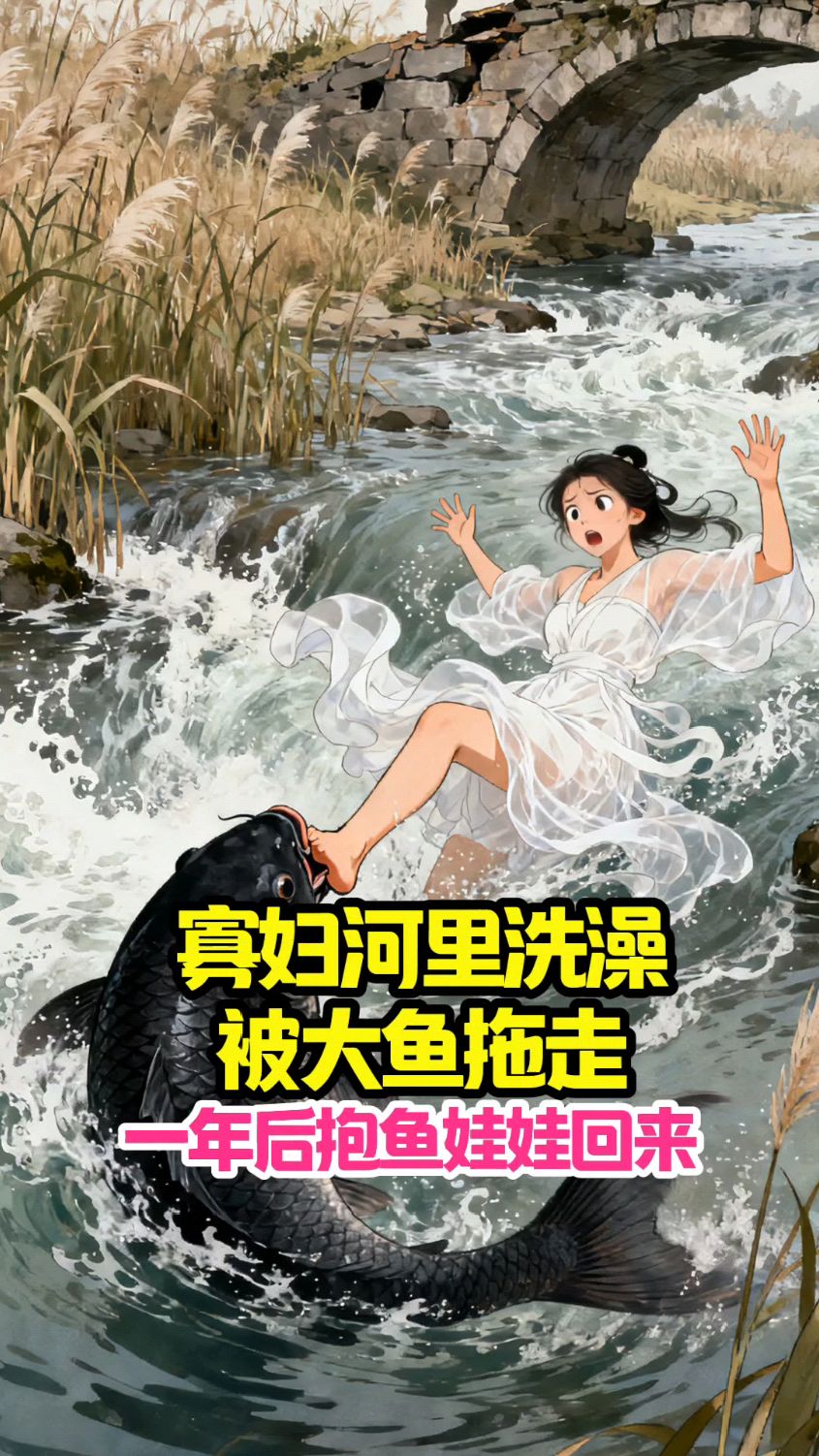 漂亮寡妇河里洗澡被大鱼拖走，一年后抱着一条鱼娃娃回来