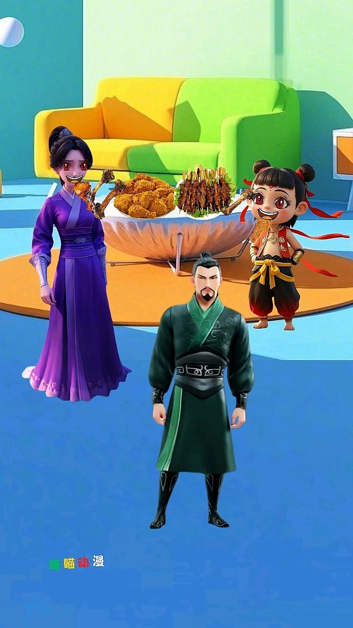 哪吒给爸爸吃鸡骨头。