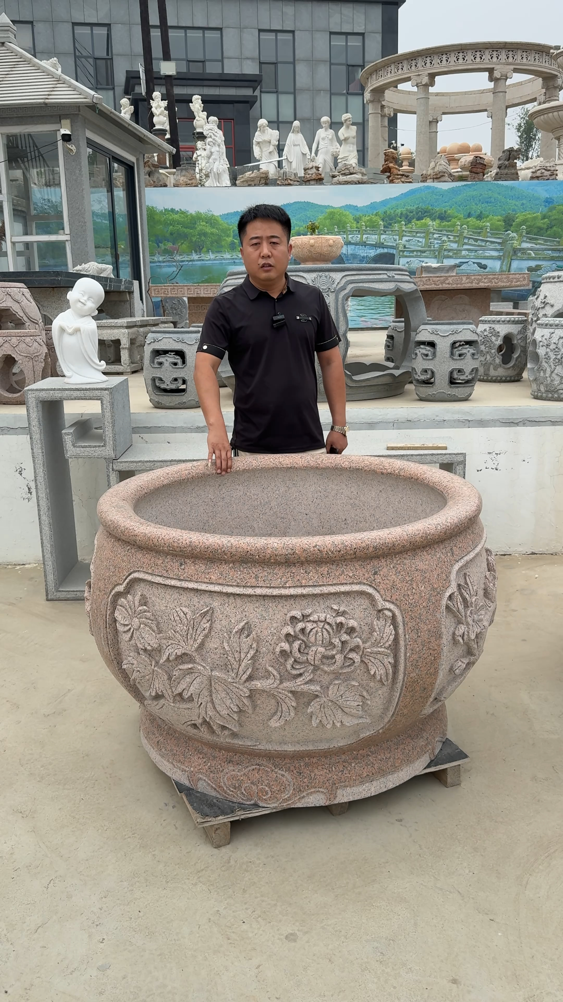 石雕鱼缸石头门海花岗岩梅兰竹菊石槽花盆虾红