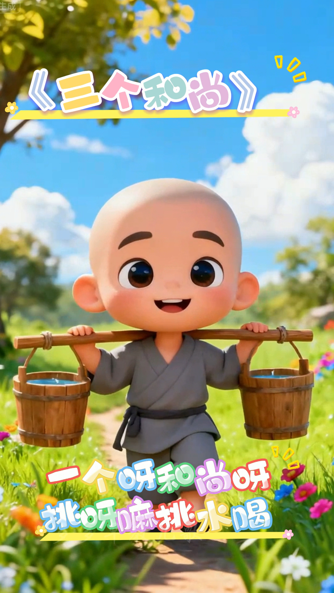 《三个和尚》一个和尚挑水喝,两个和尚抬水喝,三个和尚没水喝