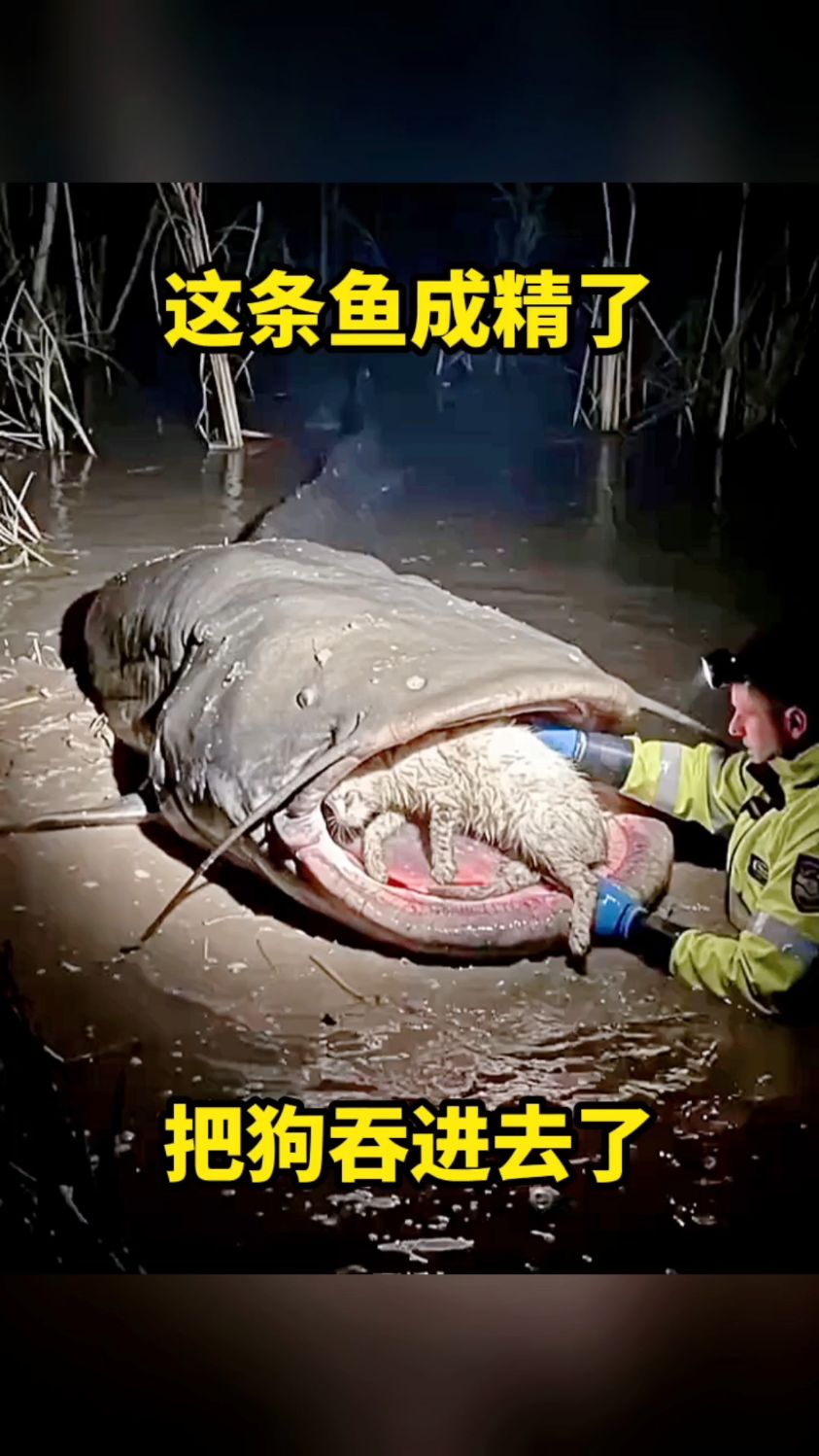 这条鱼成精了，把狗吞进去了。