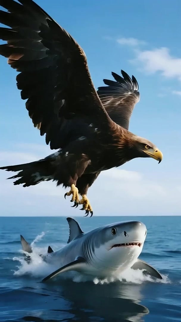 嘿，看这老鹰在海上抓了条大鱼