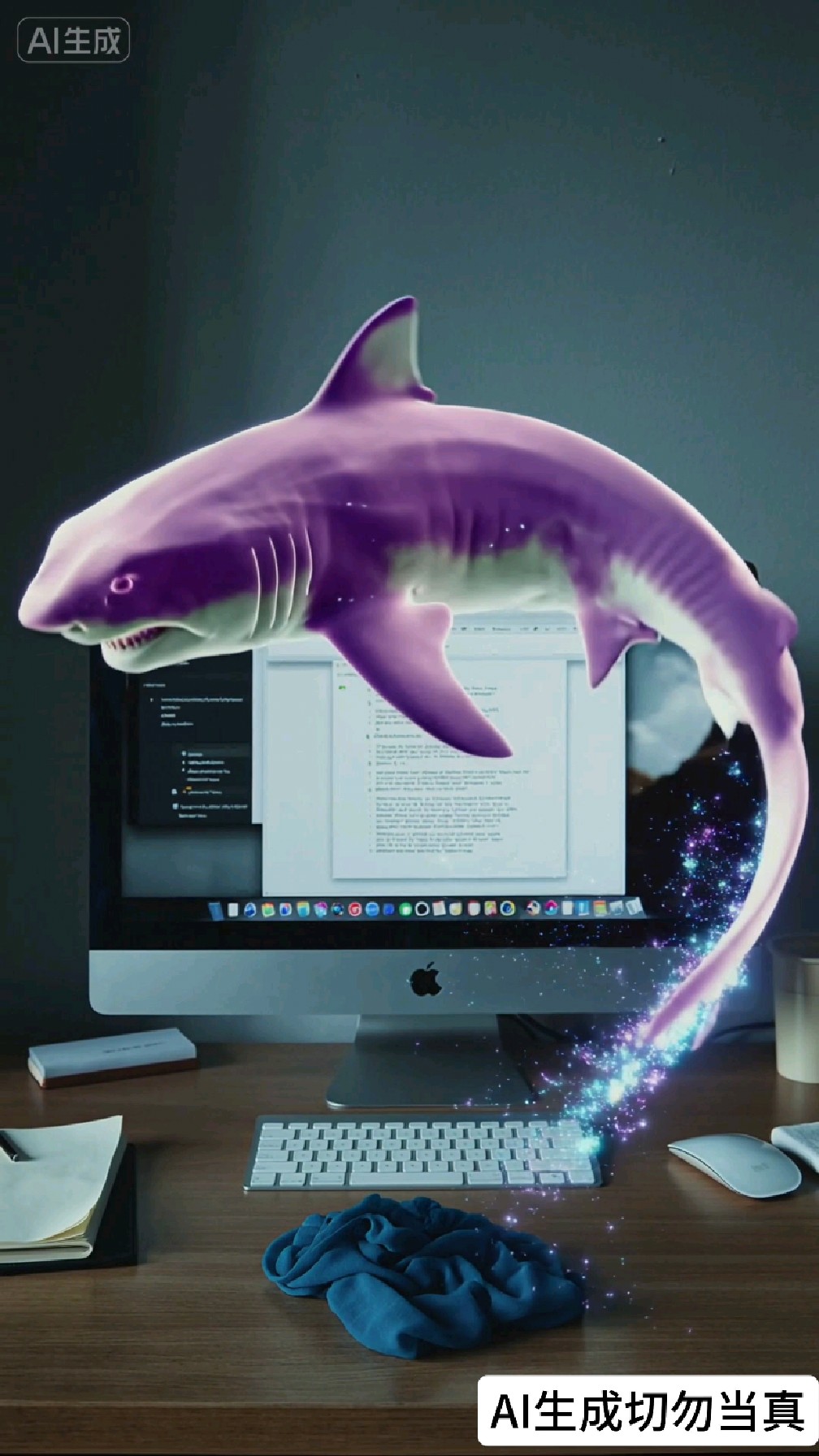 「AI特效视频」毛巾变紫色鲨鱼和纸巾变青色鲤鱼