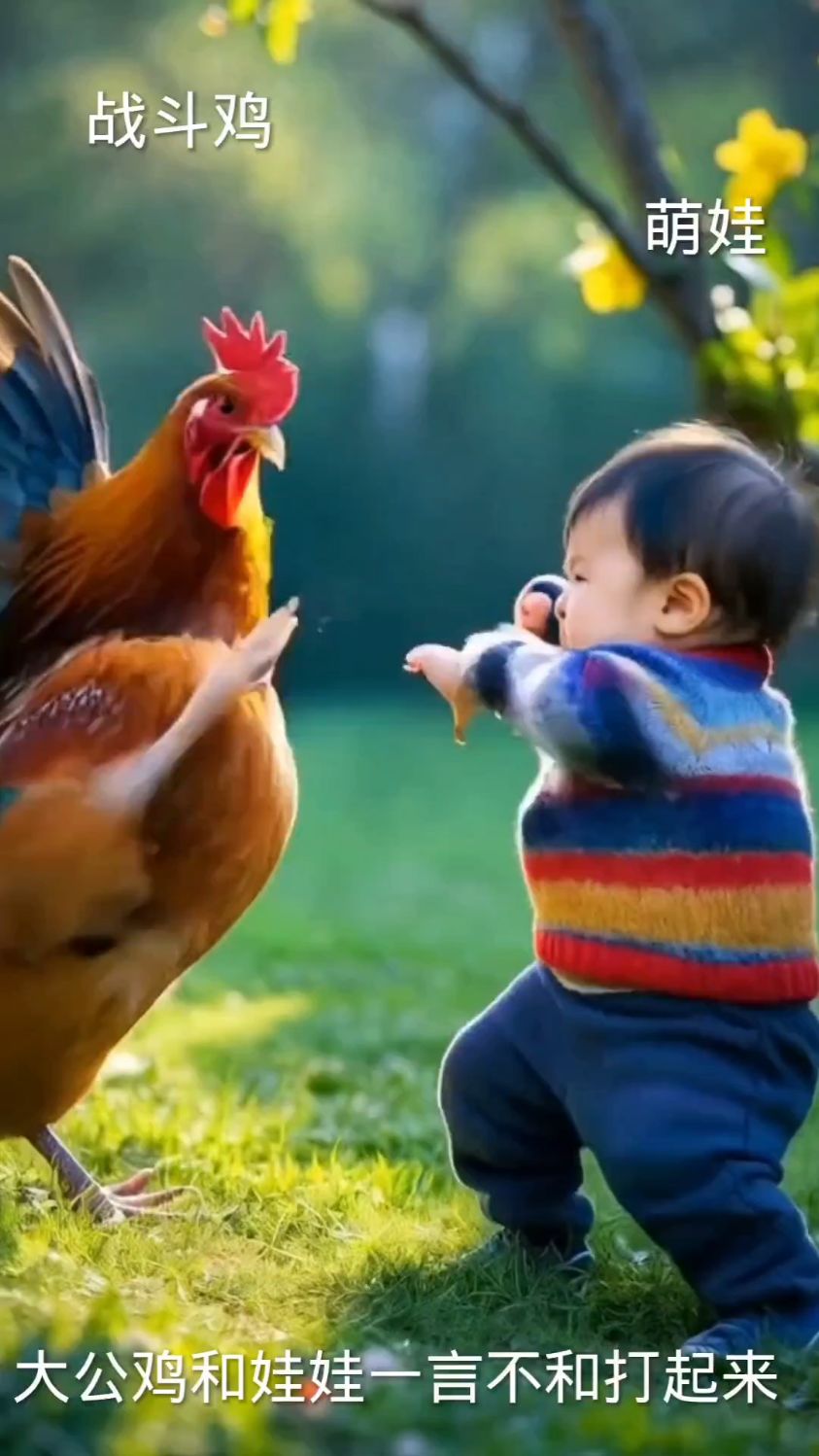 小孩和公鸡打架看谁赢