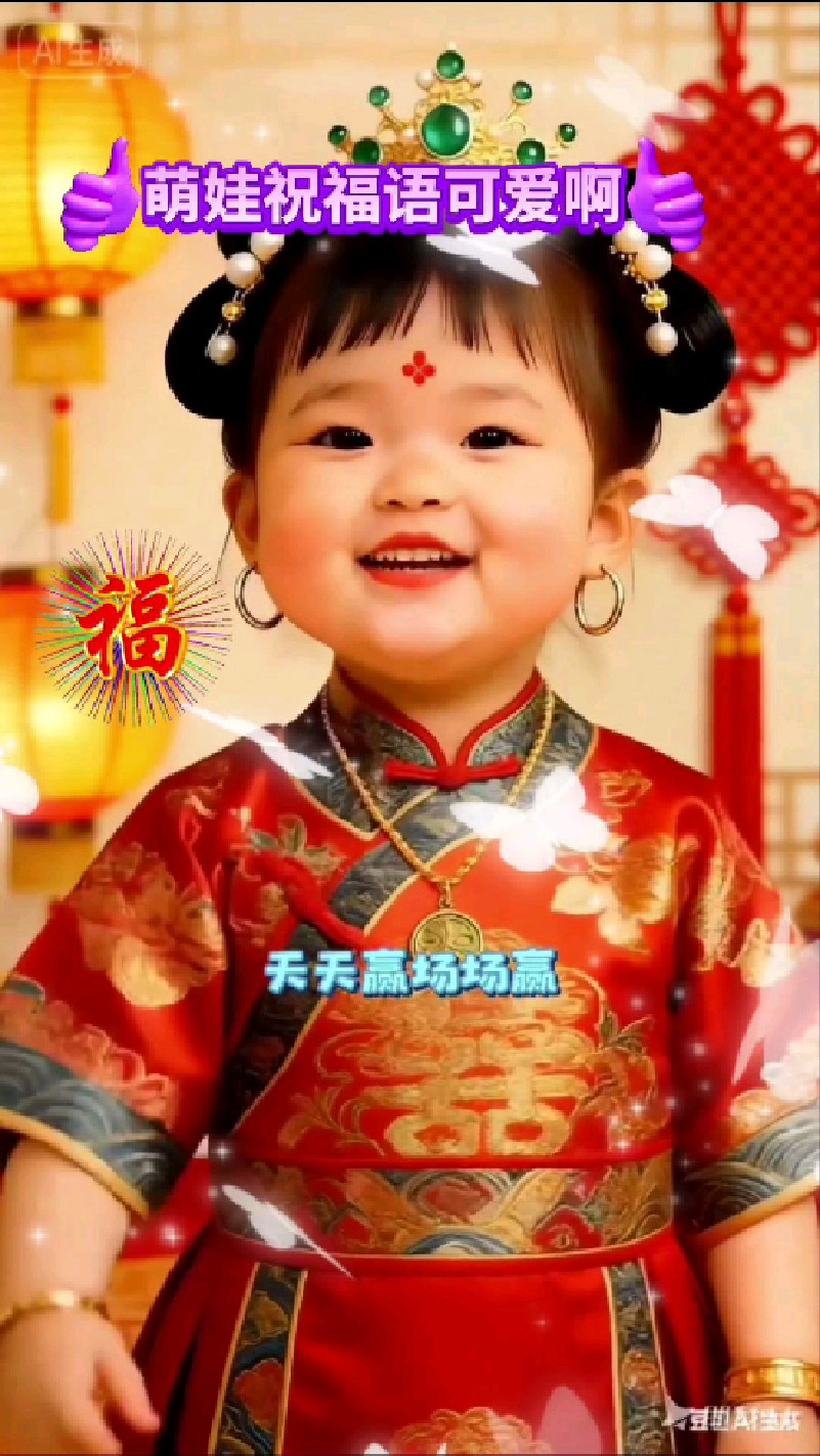 萌娃祝福语超级可爱打麻将的大哥大姐手气一天比一天好
