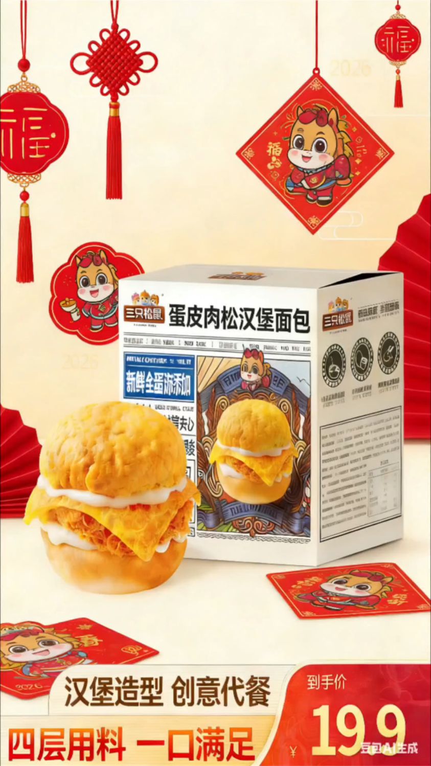 蛋皮肉松汉堡面包，营养美味，松软好吃，麦香浓郁，携带方便