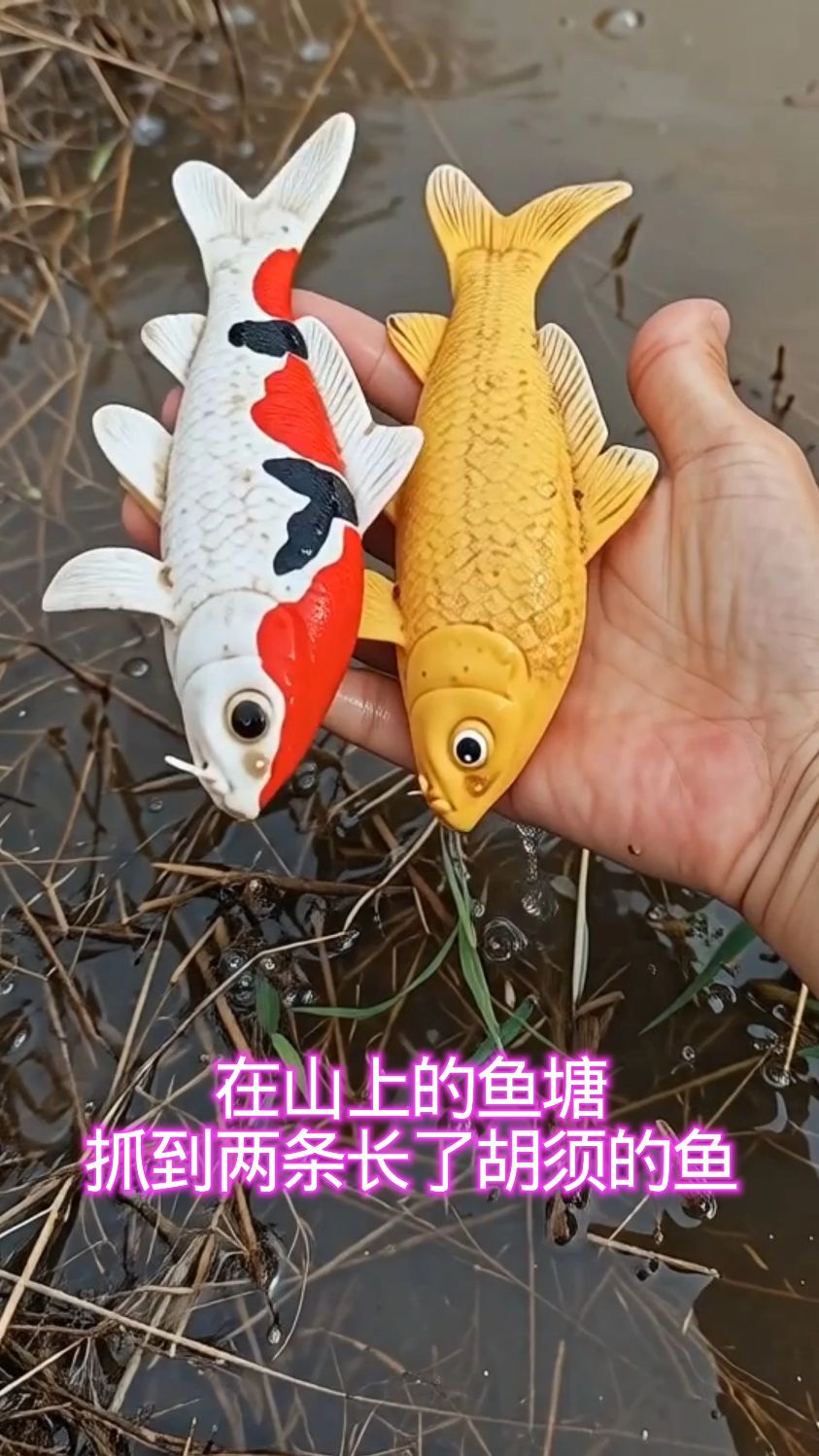 在山上的鱼塘,抓到两条长了胡须的鱼