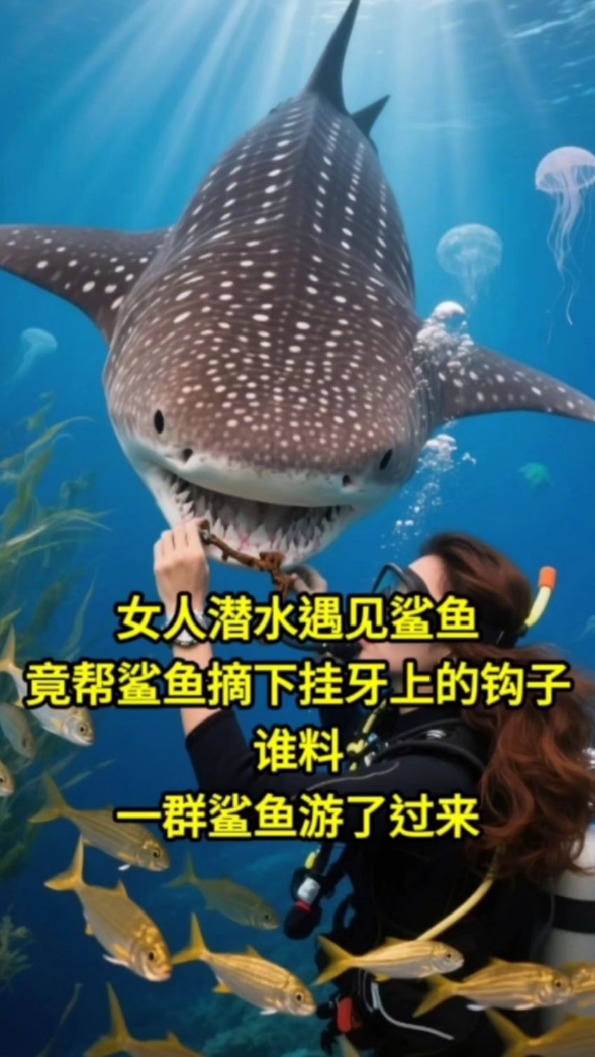 女人帮鲨鱼摘下挂牙齿上的钩子,谁料,一群鲨鱼游了过来