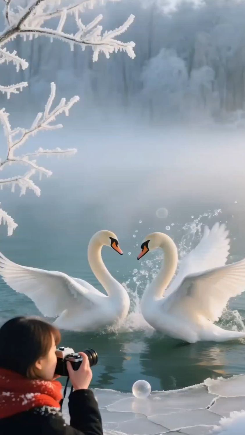 破晓冰湖雾气升,天鹅振翅绘心形,延时摄影定格自然奇观