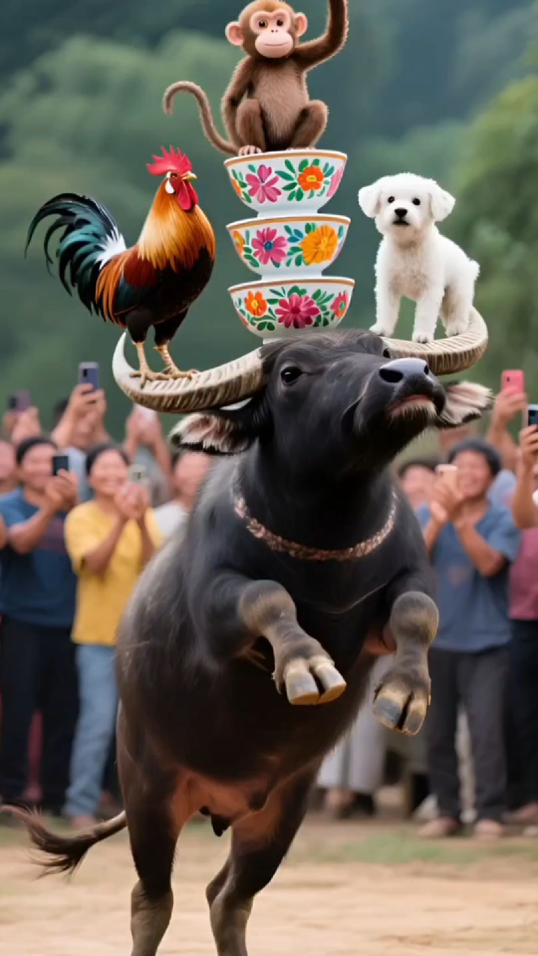 绝了！水牛顶碗，鸡、猴、狗叠罗汉，这“动物天团”太牛