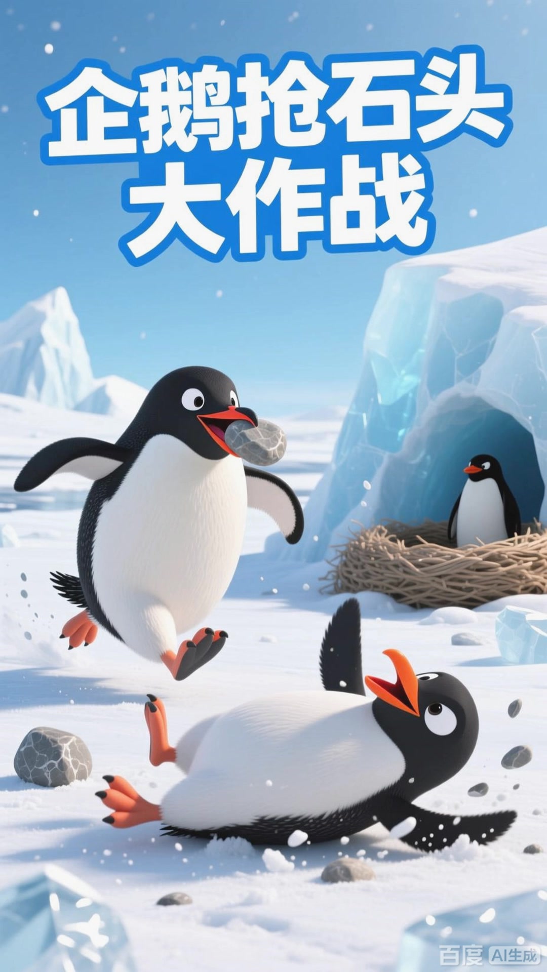 《小企鹅抢石头！嘴巴叼着跑，超执着》