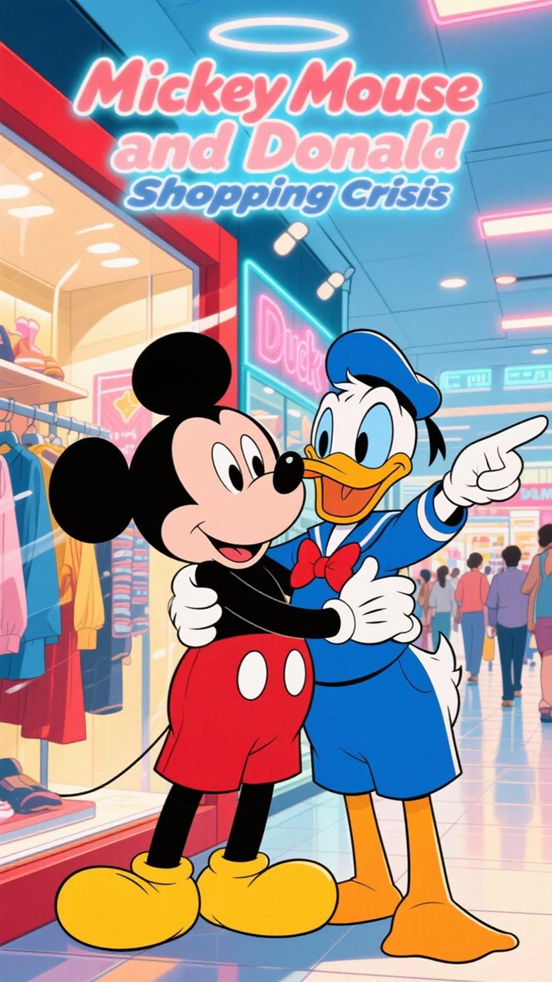 米老鼠带唐老鸭逛商场买衣服,唐老鸭试穿衣服时把标签扯掉,还差