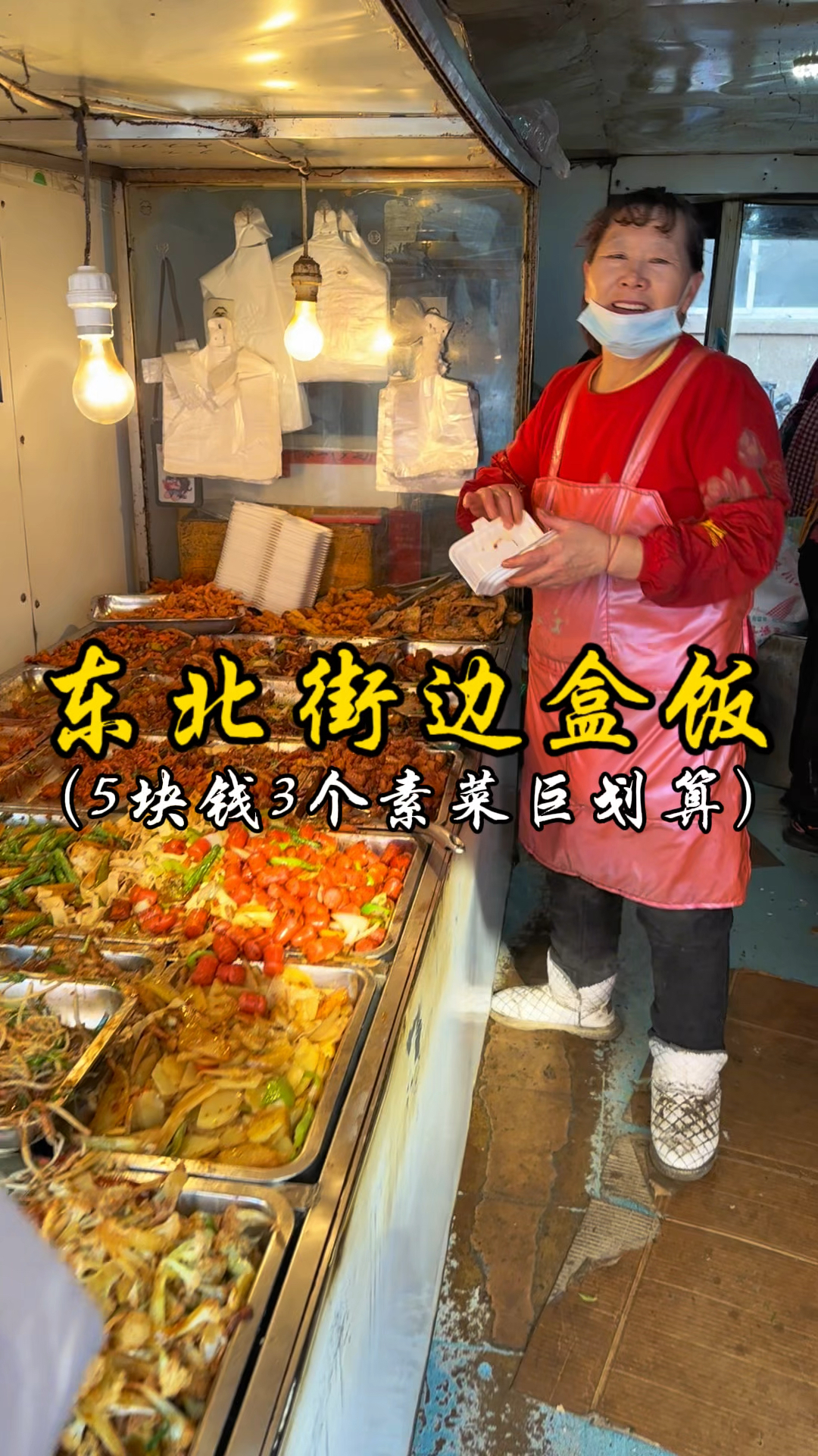 东北街头盒饭,5块3个素菜,7块3个肉菜,嘎嘎香!