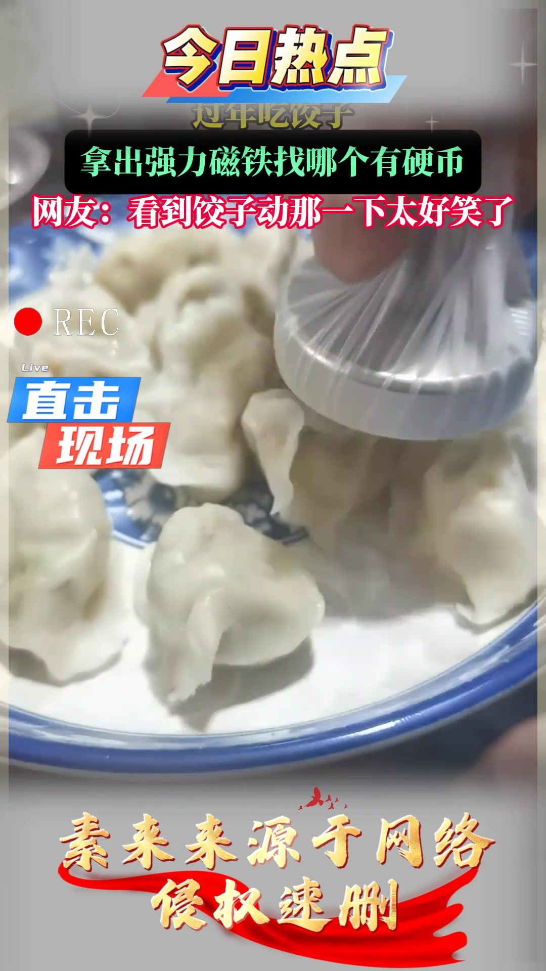 吃饺子,拿出强力磁铁找哪个有硬币,看到饺子动那一下太好笑了