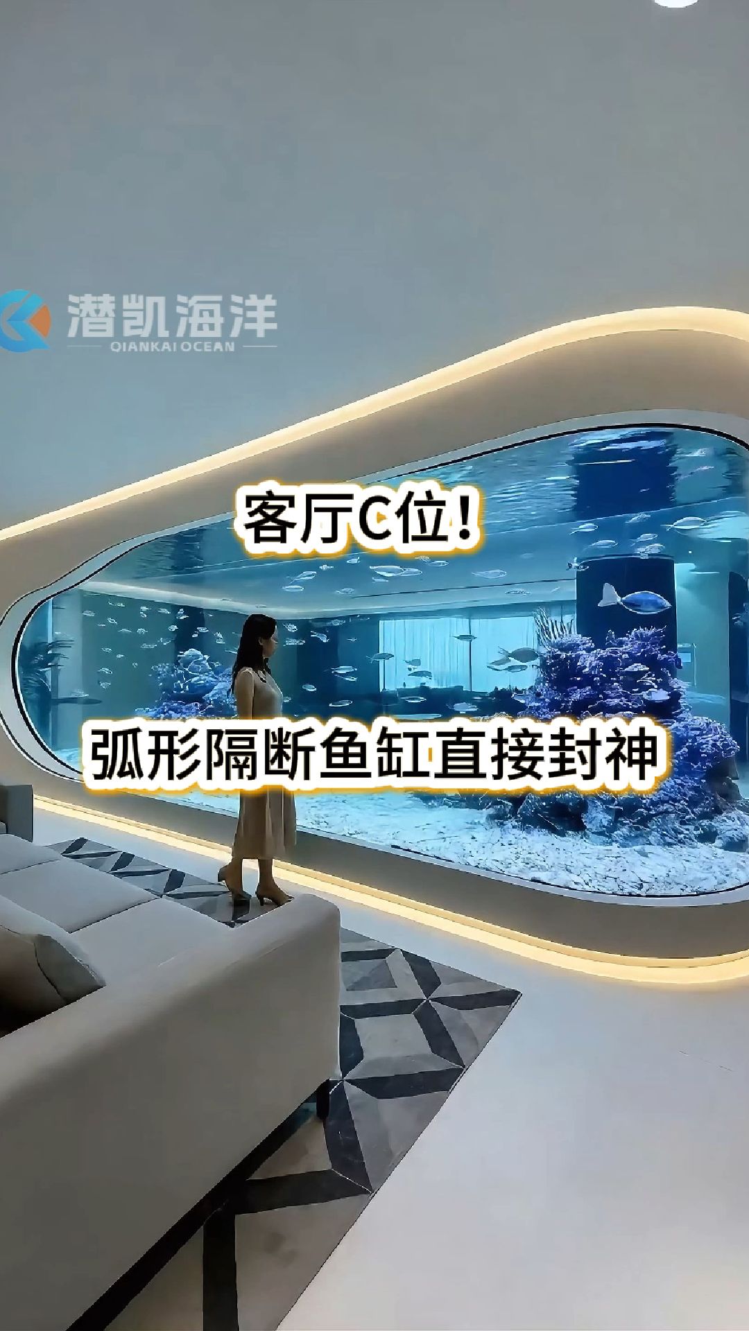 不做普通隔断，用一缸蓝海划分空间！福建厦门异形弧形鱼缸搭