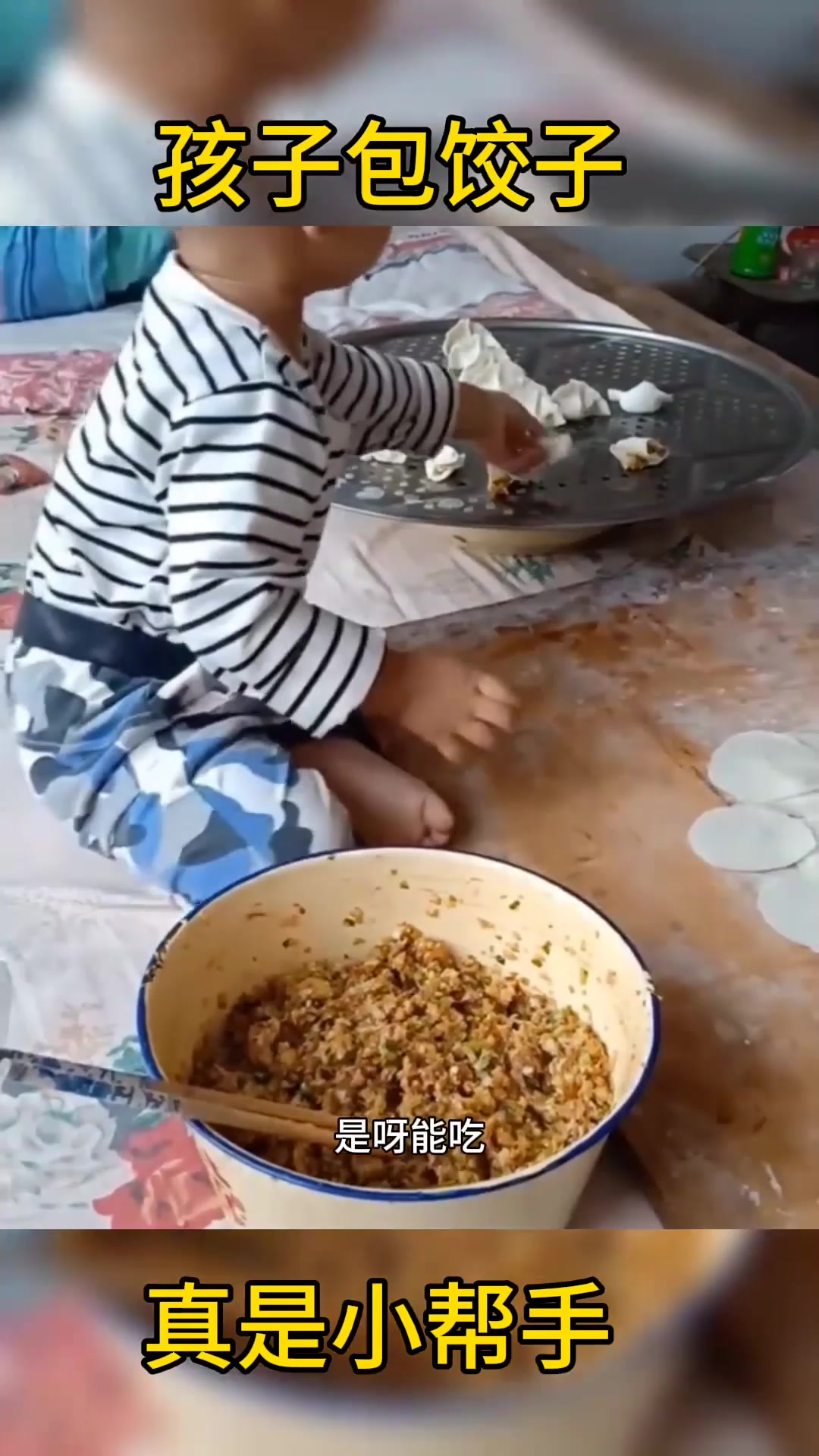 孩子自己会包饺子,手艺不错