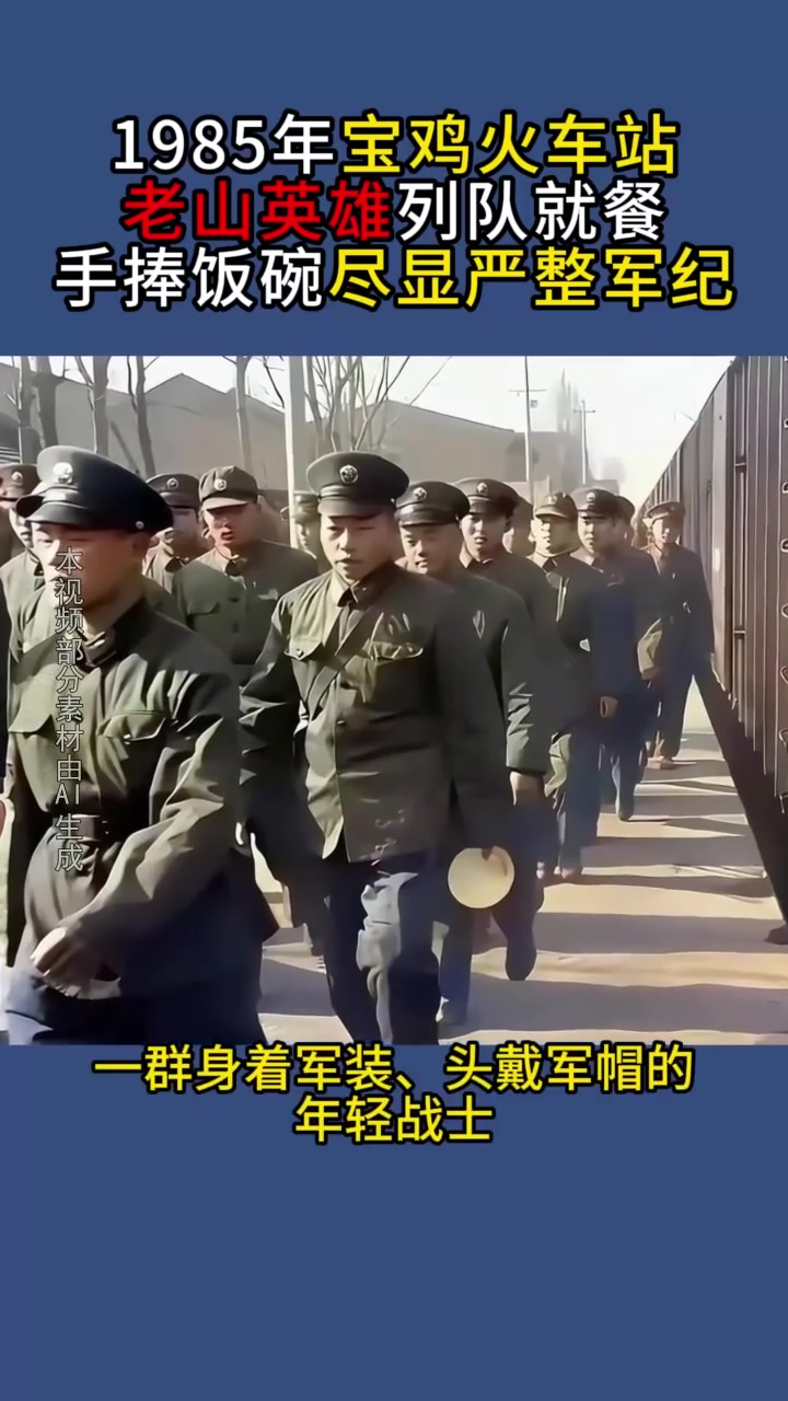 1985年宝鸡火车站老山英雄列队就餐,捧碗尽显军纪