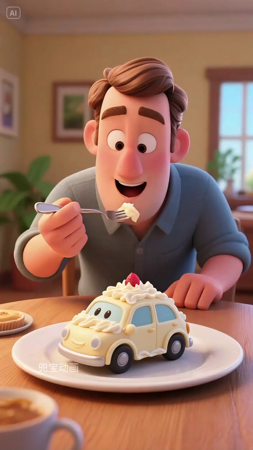 爸爸在吃小汽车蛋糕