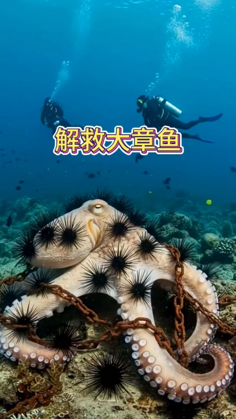 海底解救被铁链锁住的大章鱼