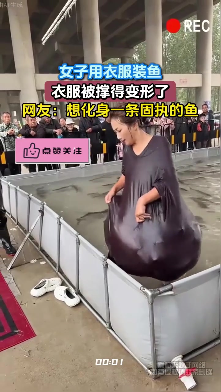 女子用衣服装鱼,衣服被撑得变形了,网友:想化身一条固执的鱼