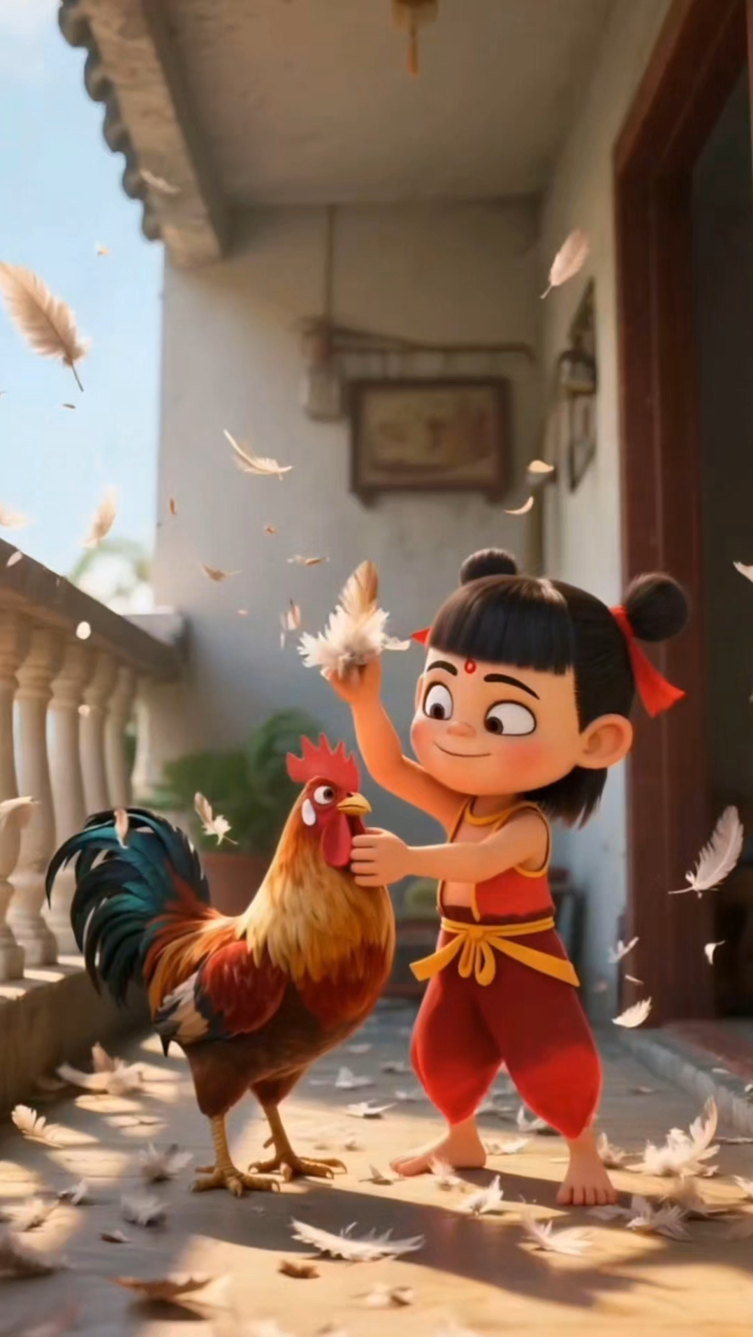 哪吒和拉布布拔鸡毛做扇子