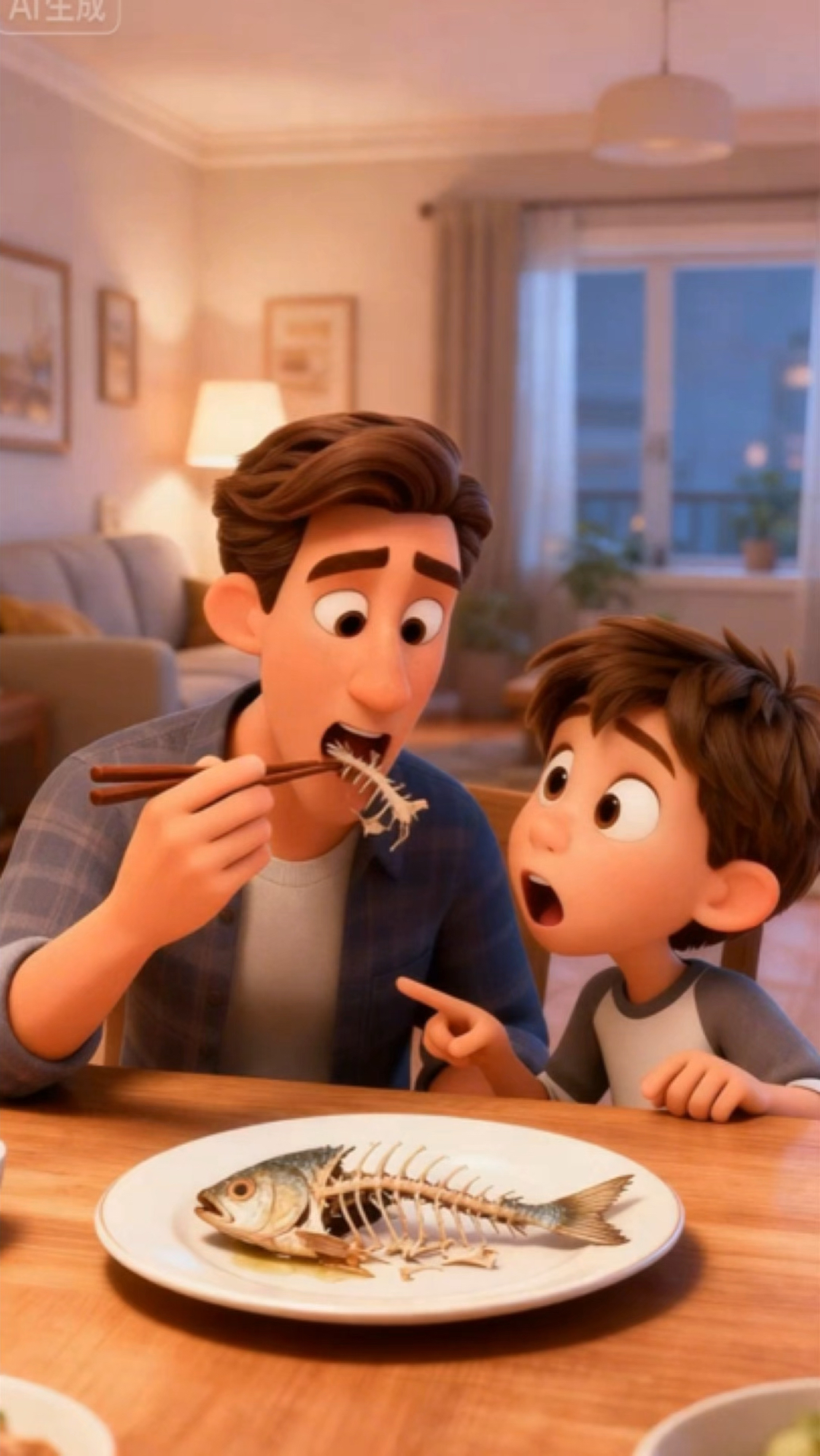 爸爸怎么把鱼骨头都吃了。