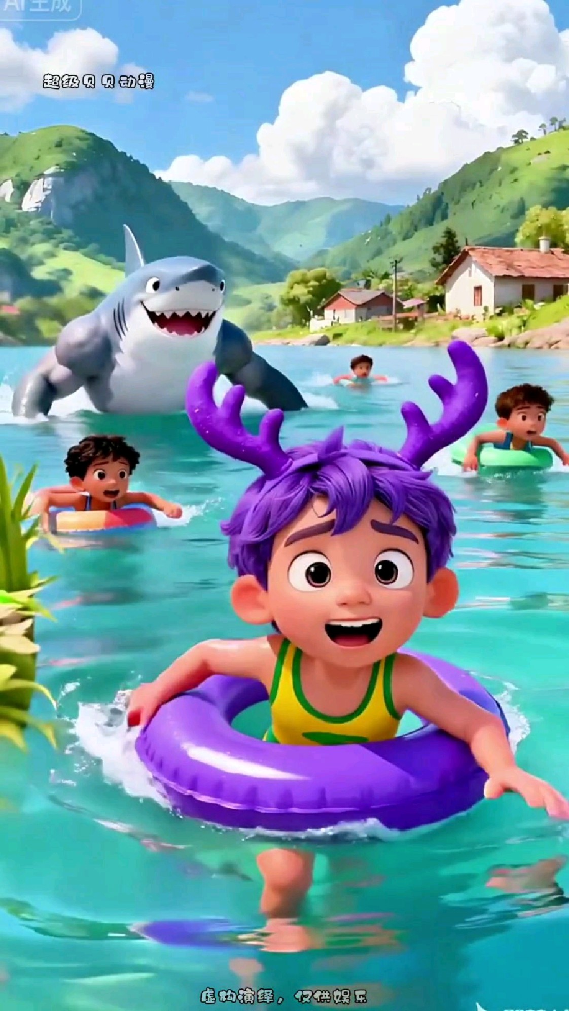 儿童动画:游泳比赛，鲨鱼肌肉人来了之后，大家都吓跑了