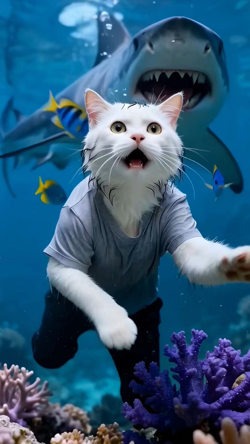 救命!猫咪潜入海底遇鲨鱼这表情是吓到炸毛还是在cos潜水员?