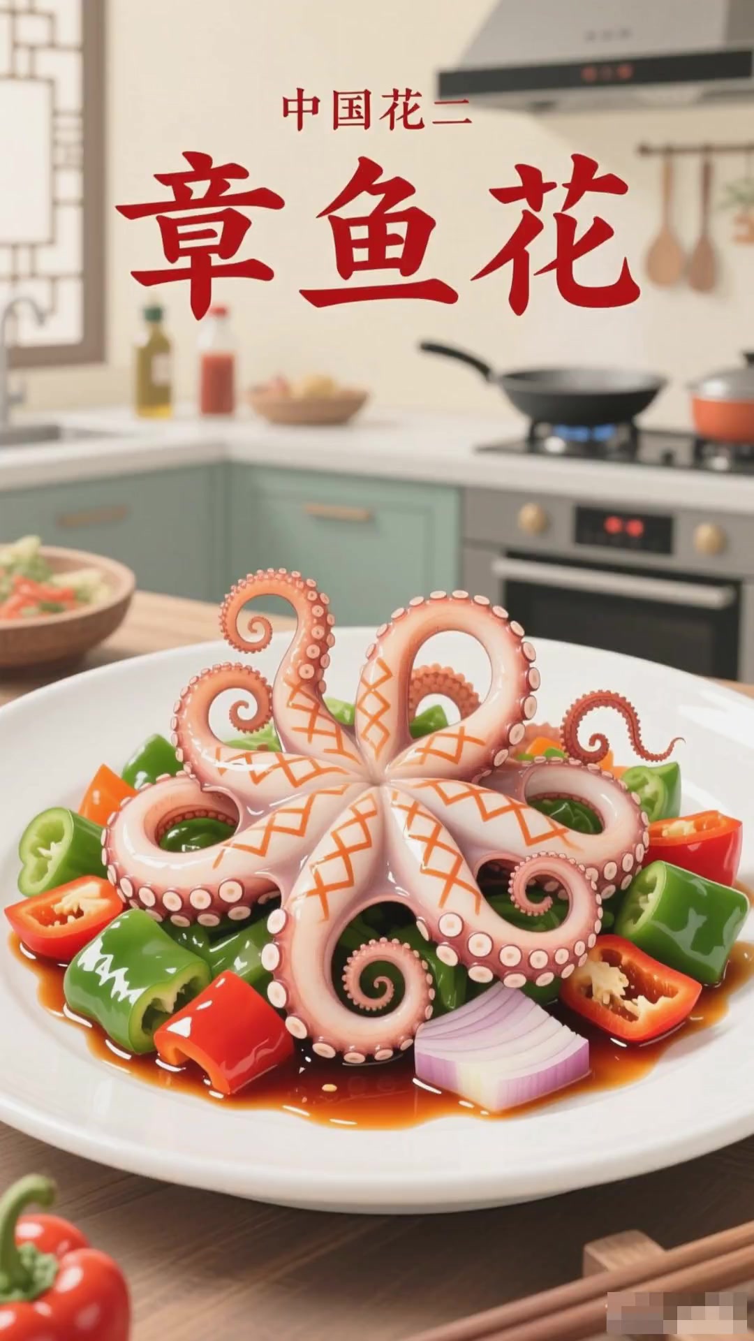 新颖可口的章鱼花菜品制作过程,这些用料和佐料要备好