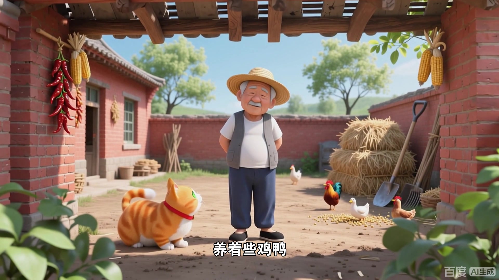 小鸡用翅膀给小胖橘扇风，越扇越挡视线