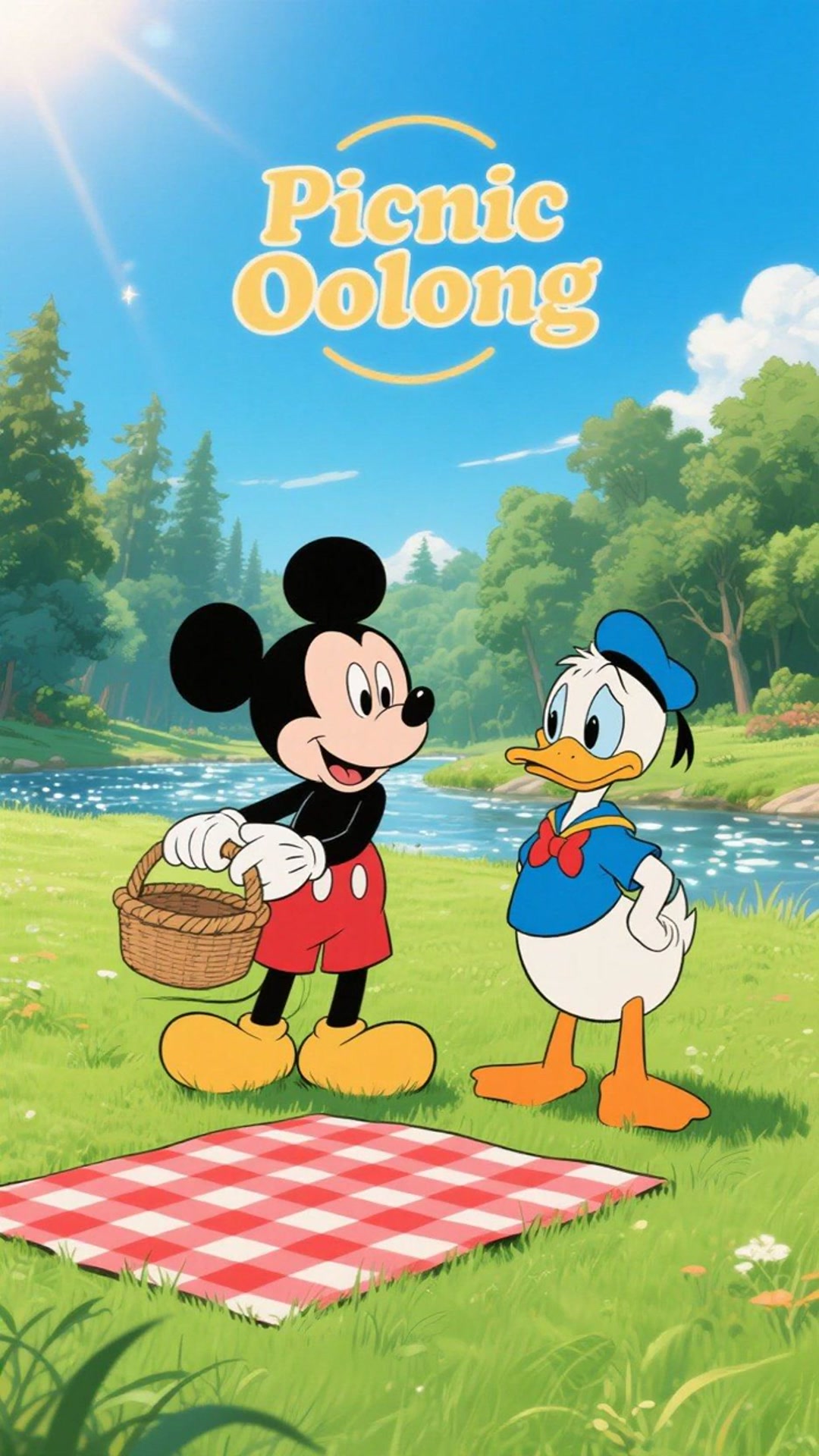 米老鼠带唐老鸭去户外野餐,唐老鸭铺野餐垫时把食物弄掉,还差点