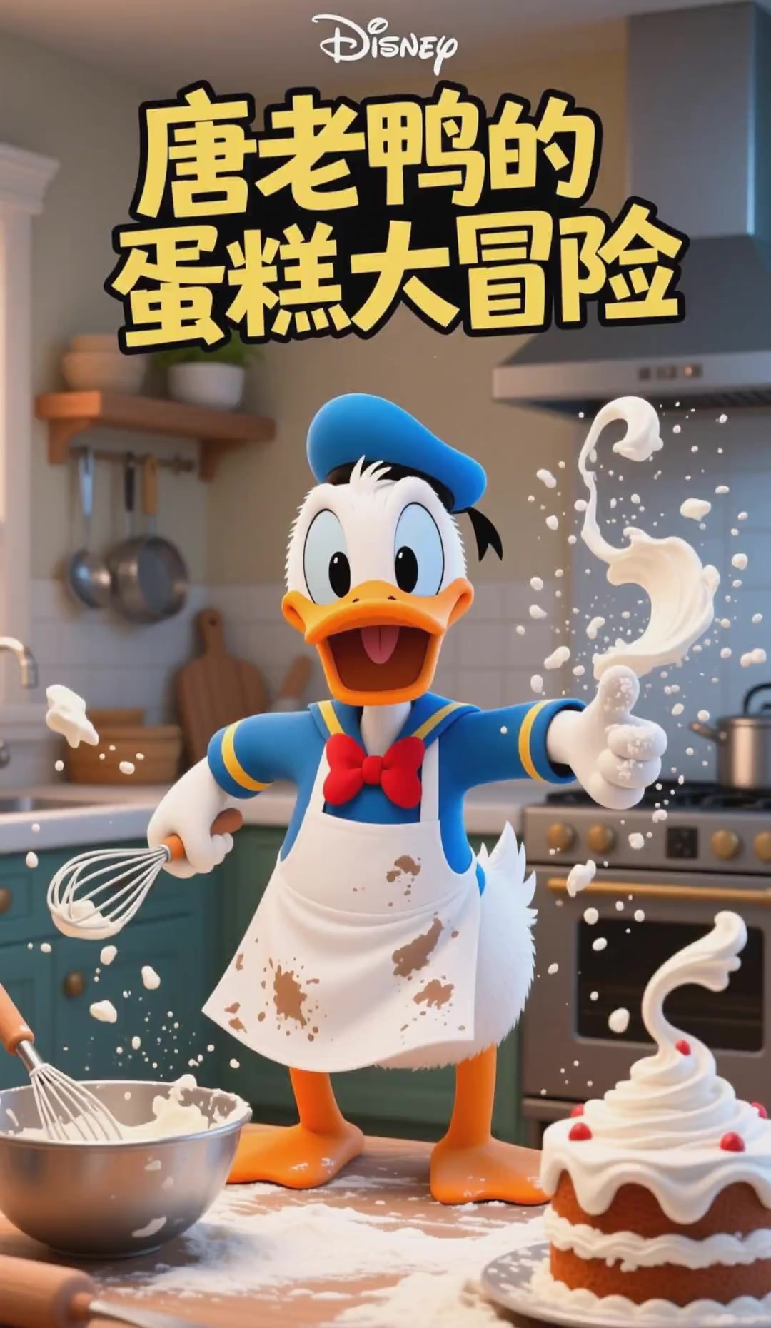 唐老鸭做蛋糕，奶油抹得歪歪扭扭