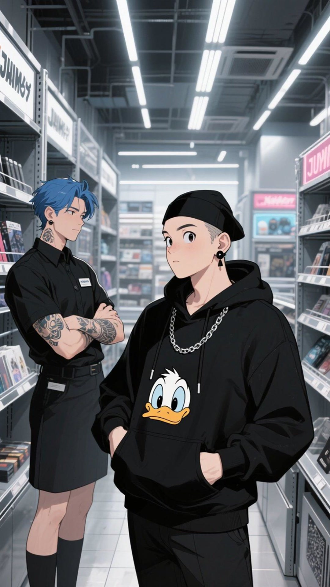 唐老鸭逛潮牌店,试穿衣服时把标签扯掉,还差点把衣服撑破