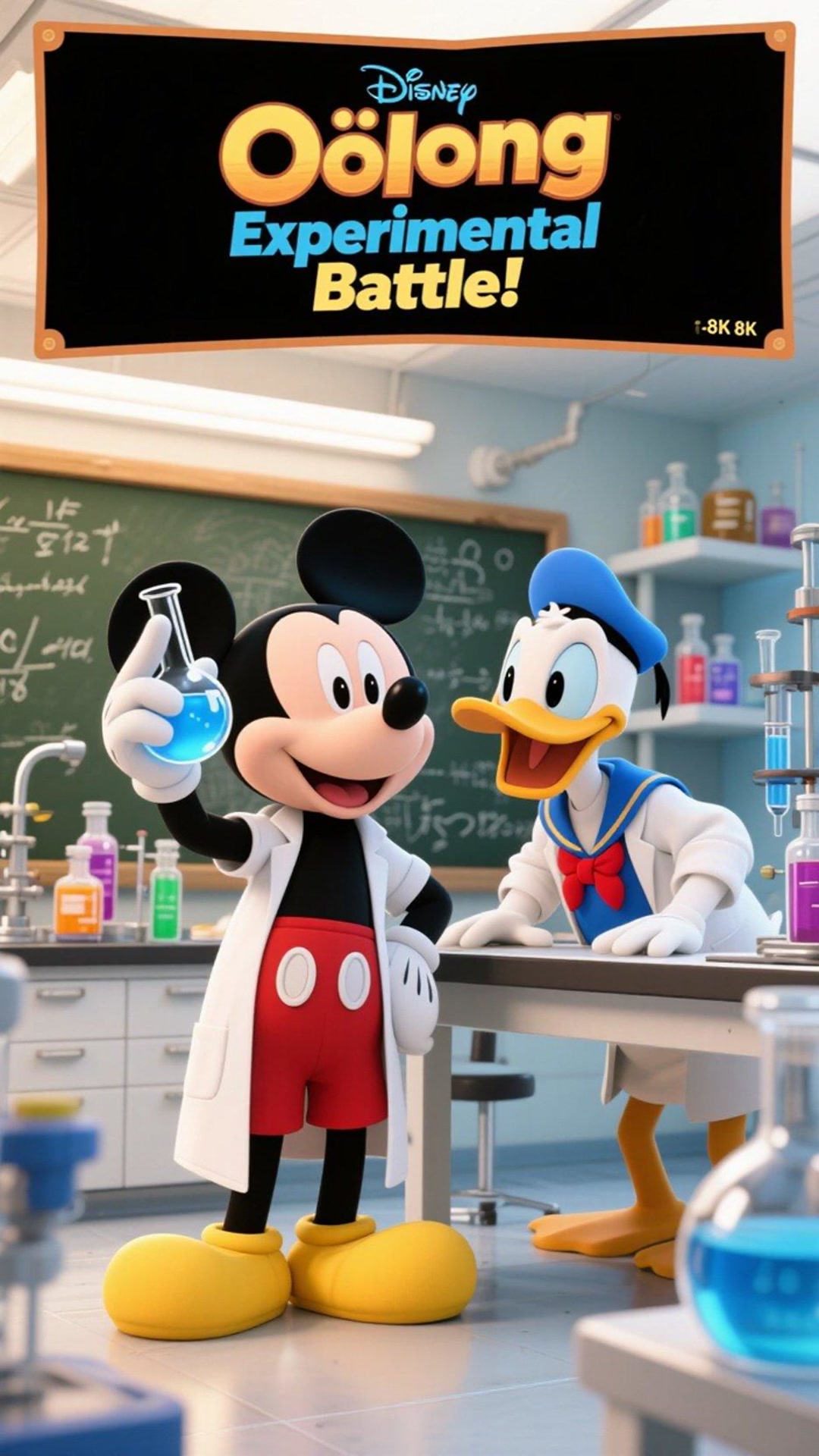 米老鼠教唐老鸭做科学小实验,唐老鸭把实验材料放错,还差点把实