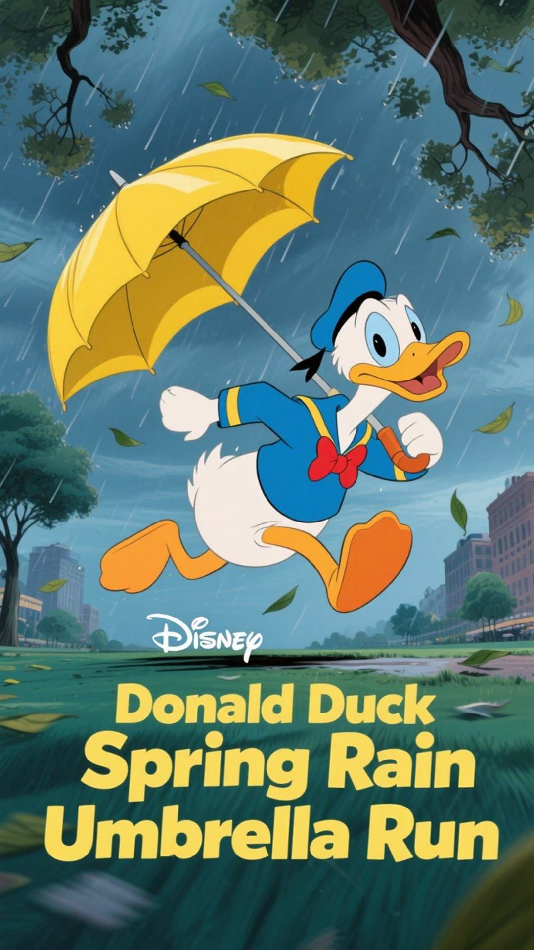 唐老鸭春雨天撑伞走路被风吹得连人带伞跑记