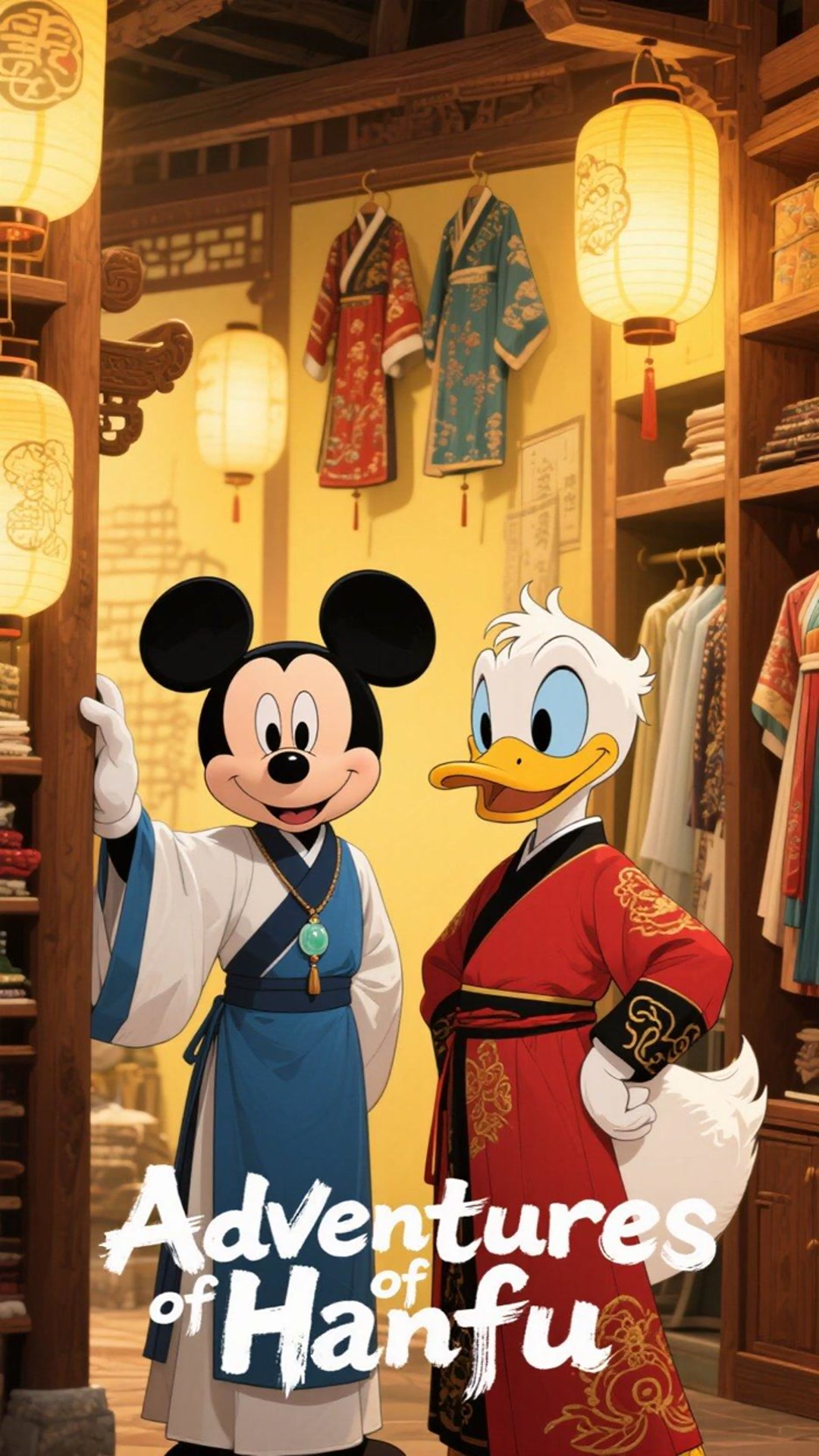 米老鼠带唐老鸭体验汉服租赁,唐老鸭穿汉服时把裙摆踩住,差点摔