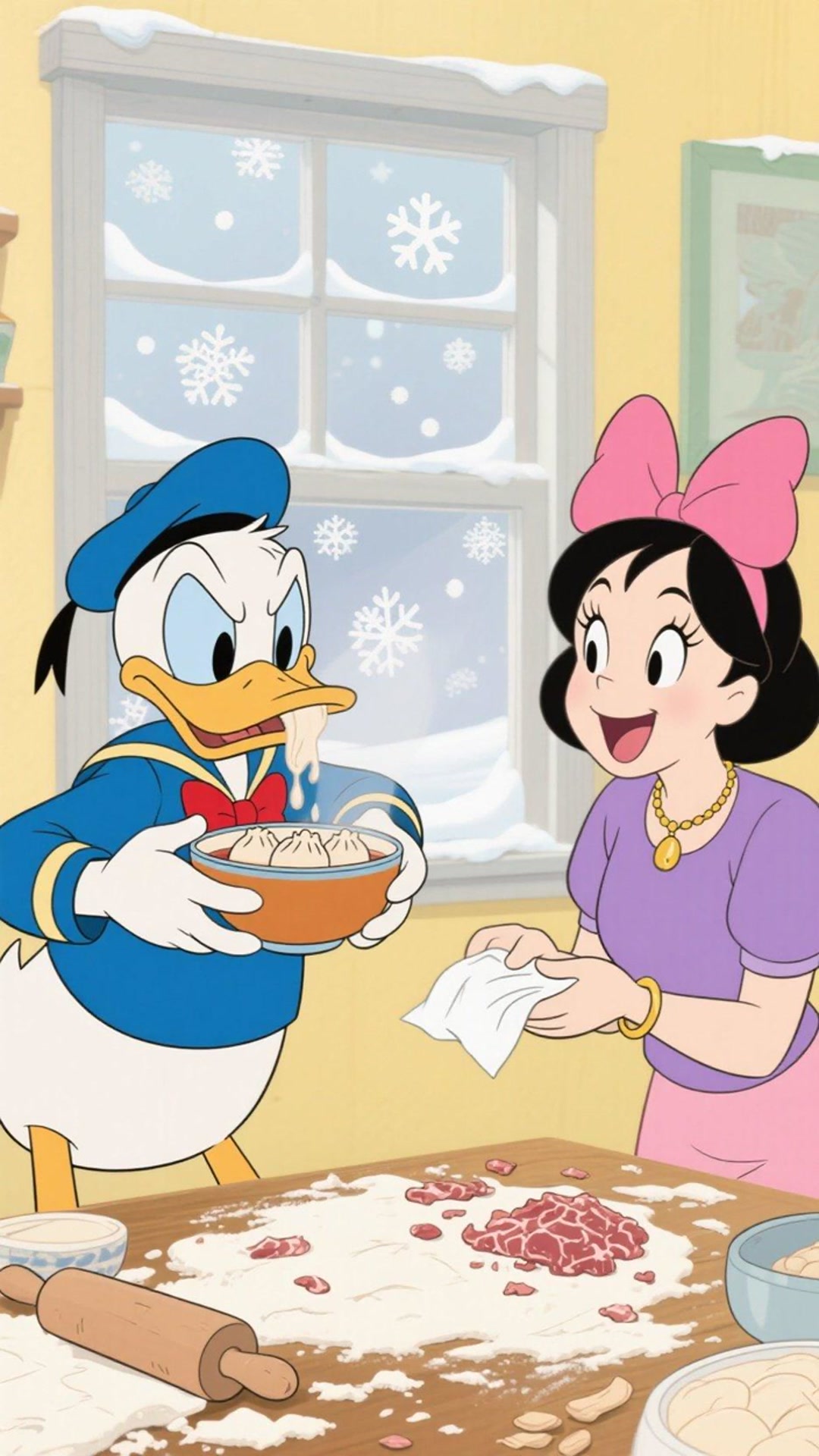 唐老鸭冬至包饺子捏元宝造型却漏馅流汤记