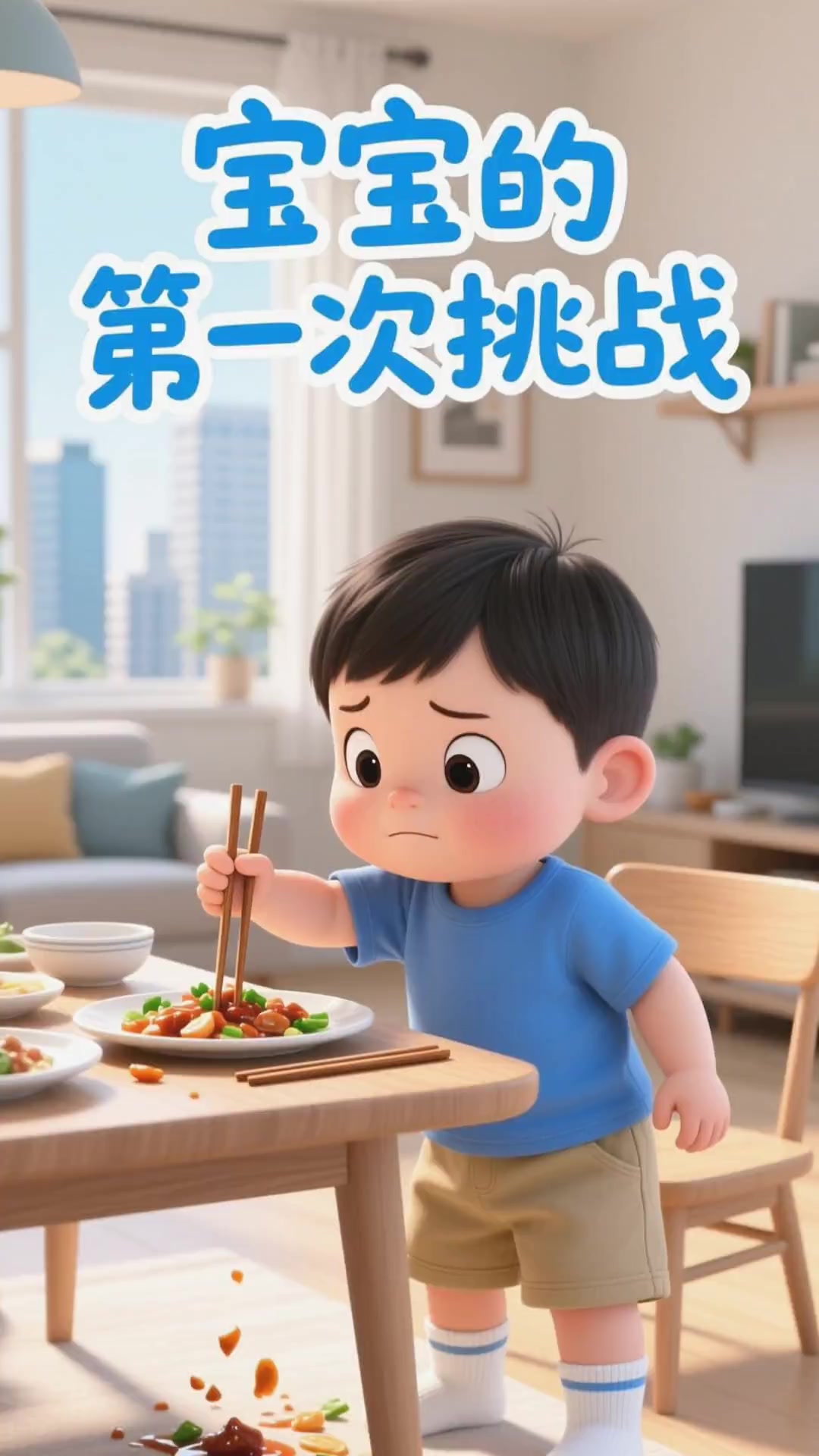 三岁孩子坚持要自己拿筷子夹菜,虽然总夹到外面,却在练习中提升