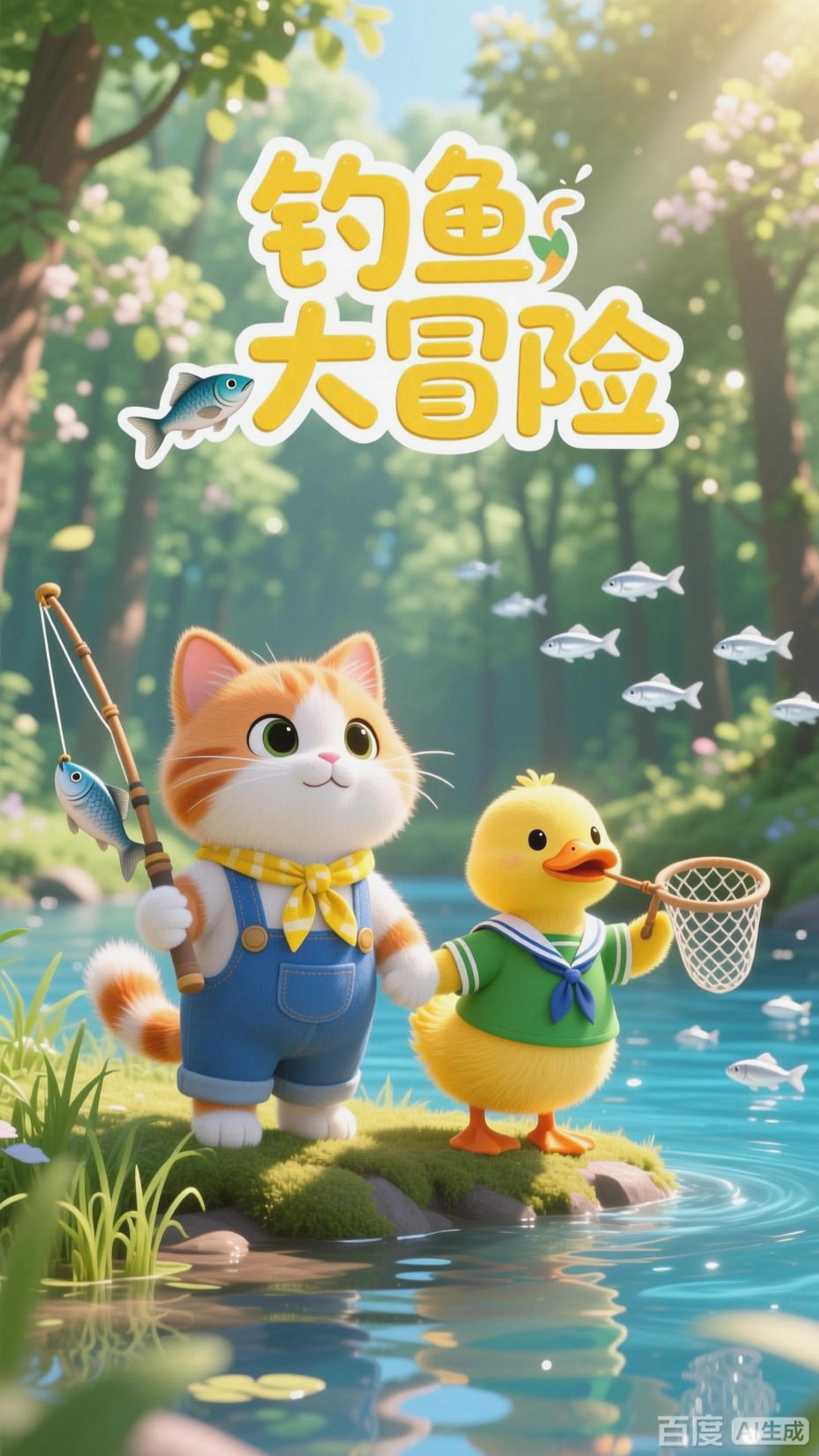小猫和小鸭子的河边钓鱼记