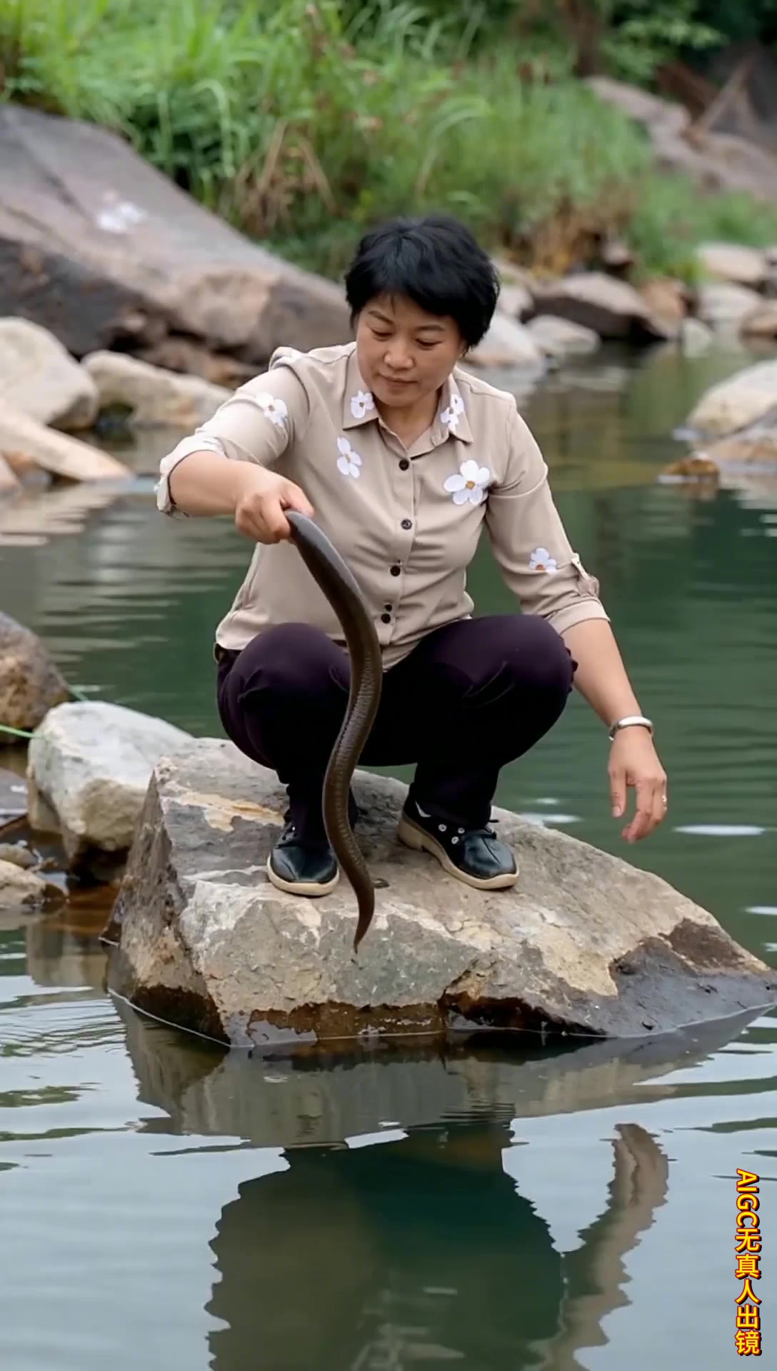 花衬衫阿姨蹲守池塘，巨型红鲤鱼猛然跃出，惊喜抱鱼瞬间太治愈！