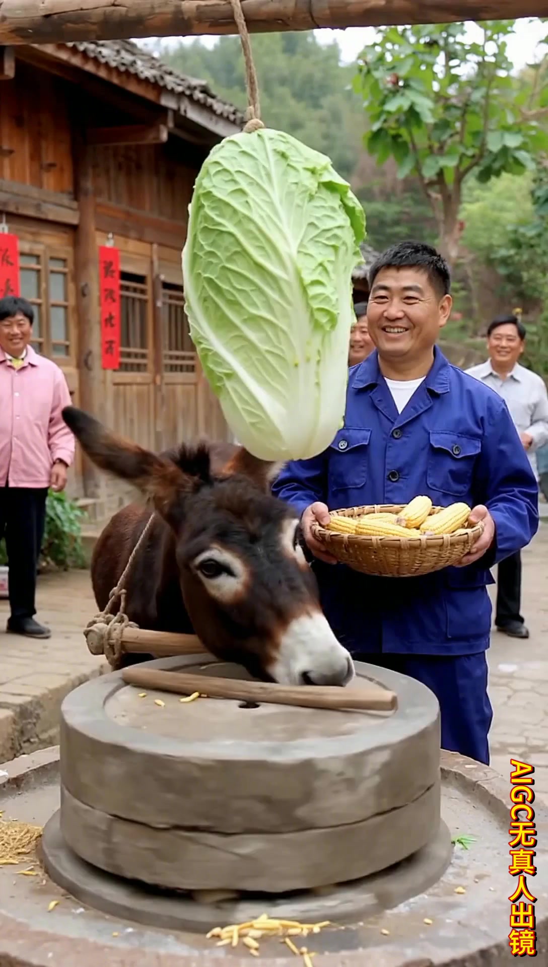 农村大叔巧用妙招，挂白菜引驴拉磨，邻居看了都叫好！